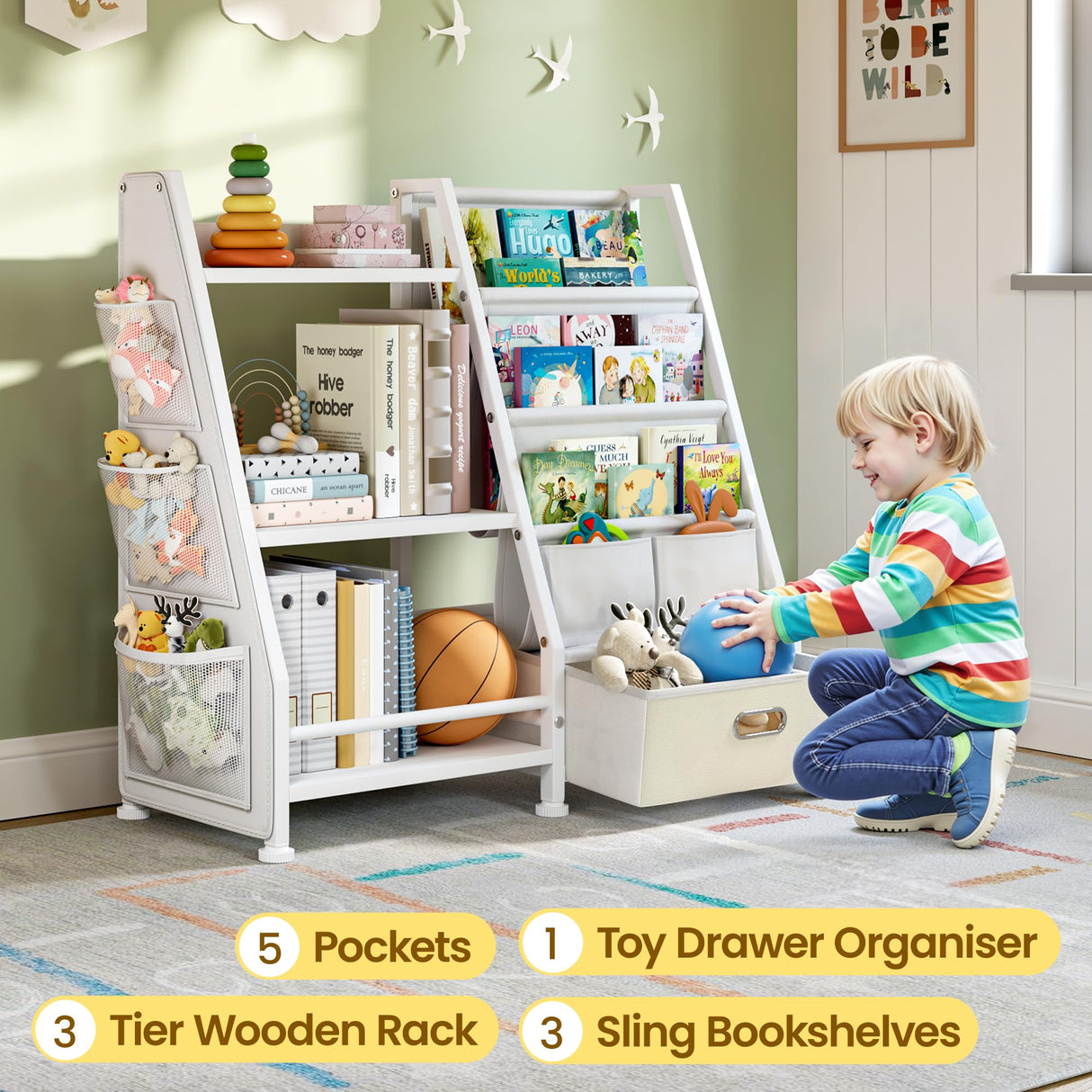 Kids Bookshelf and Toy Storage Organizer: White Book Shelf for Kids Room with Drawer to Storage Books and Toys Organizer - 3 Tire Toddler Bookshelf with 3 Side Pockets for Nursery, Bedroom, Playroom GoTiling