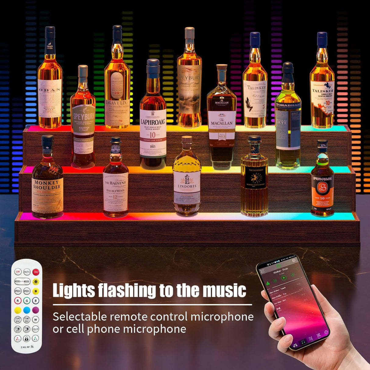 Cubehom LED Lighted Liquor Bottle Display Shelf, 24 Inch Bar Display Shelf with App & Remote Control 3 Tier for Home Bar, Party, Walnut Cubehom