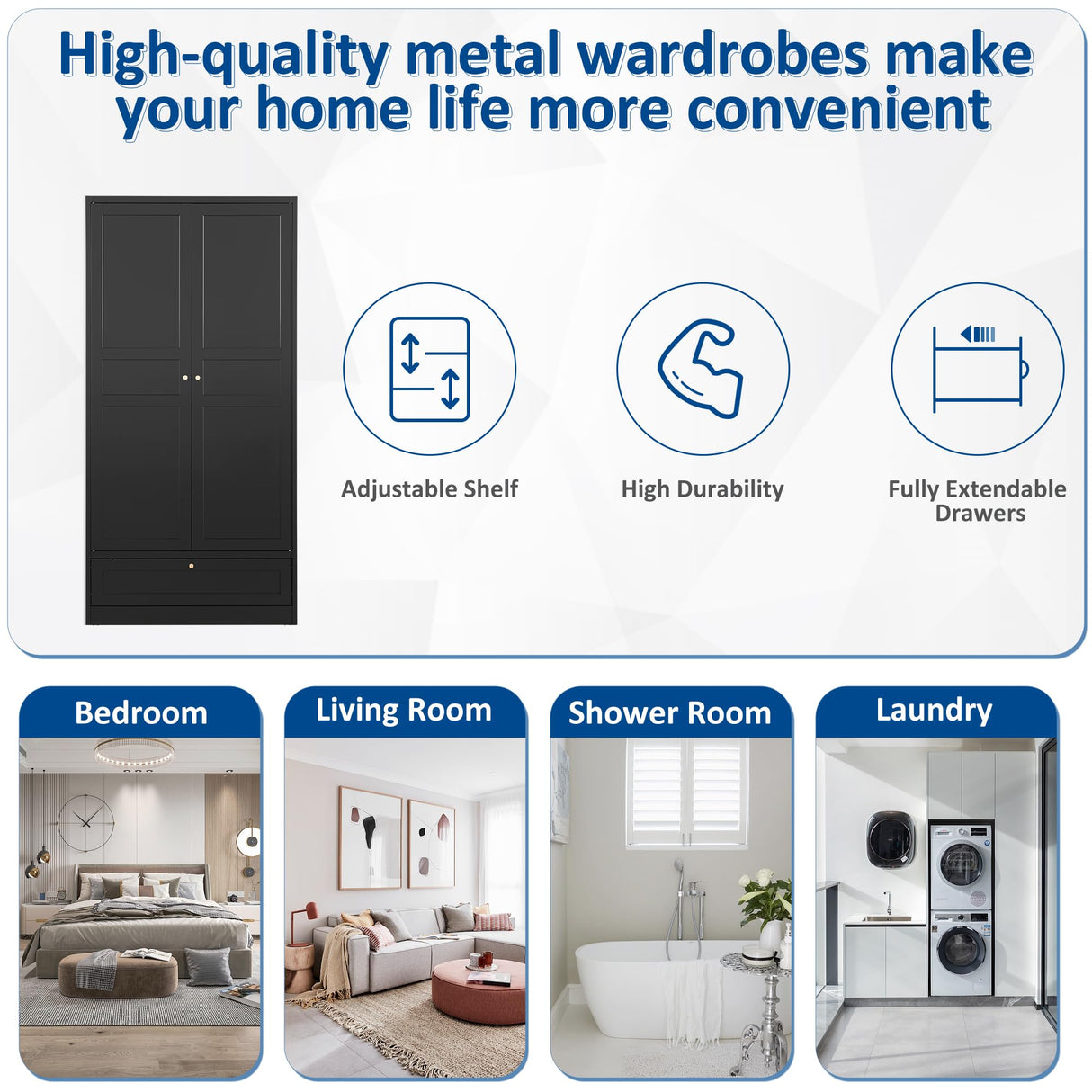 BYNSOE Metal Armoire Wardrobe Closet with 2 Doors 72'' Wardrobe Cabinet with Drawers and Hanging Rail Metal Closet with Adjustable Shelves for Bedroom. (Black, with 1drawer) BYNSOE