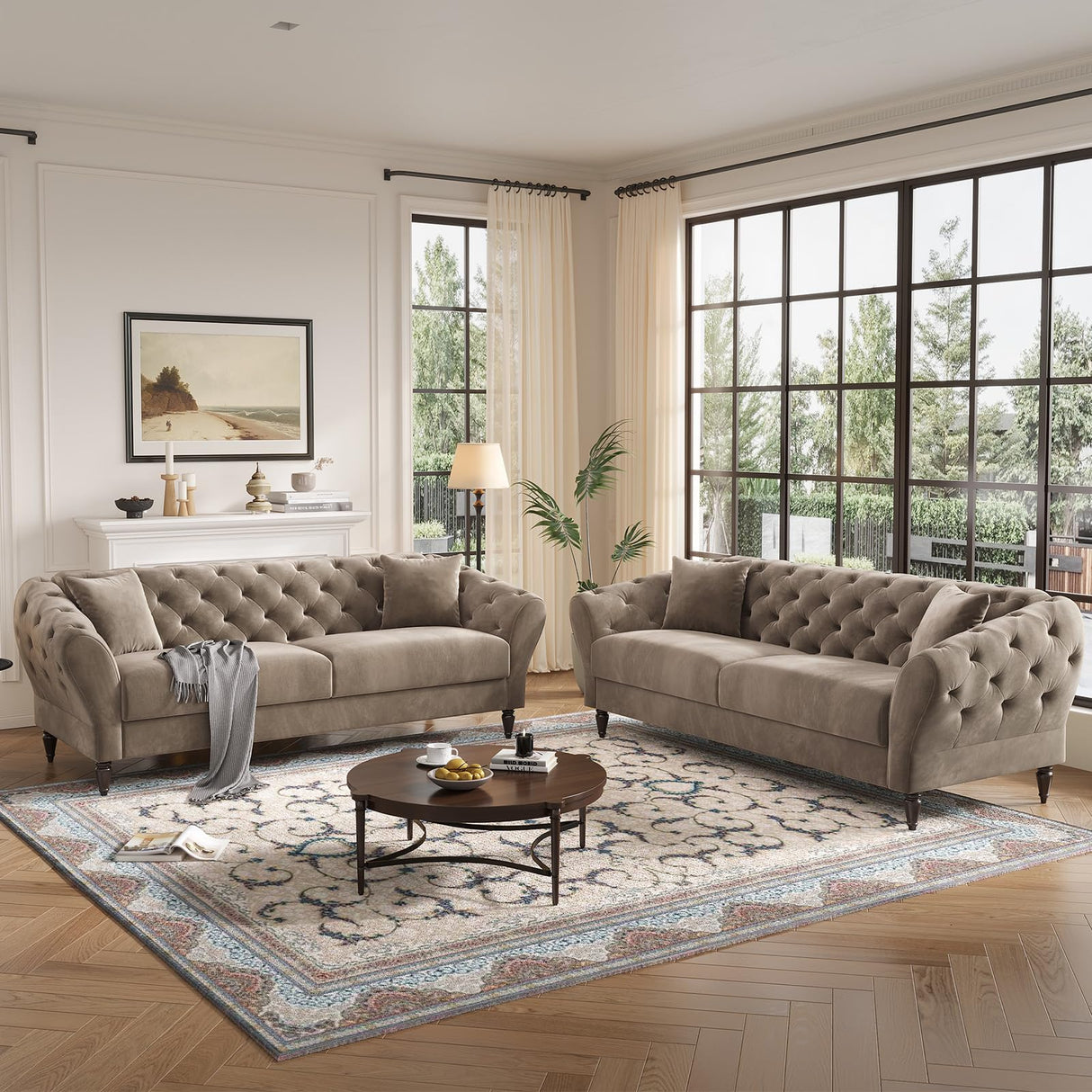 COPIAE 82 Inch Chesterfield loveseat Sofa,Tuxedo Arms Modern Couch Sturdy and Easy Installation, Small Sofa for Living Room Bedroom Office and Apartment,Velvet Fabric Brown COPIAE