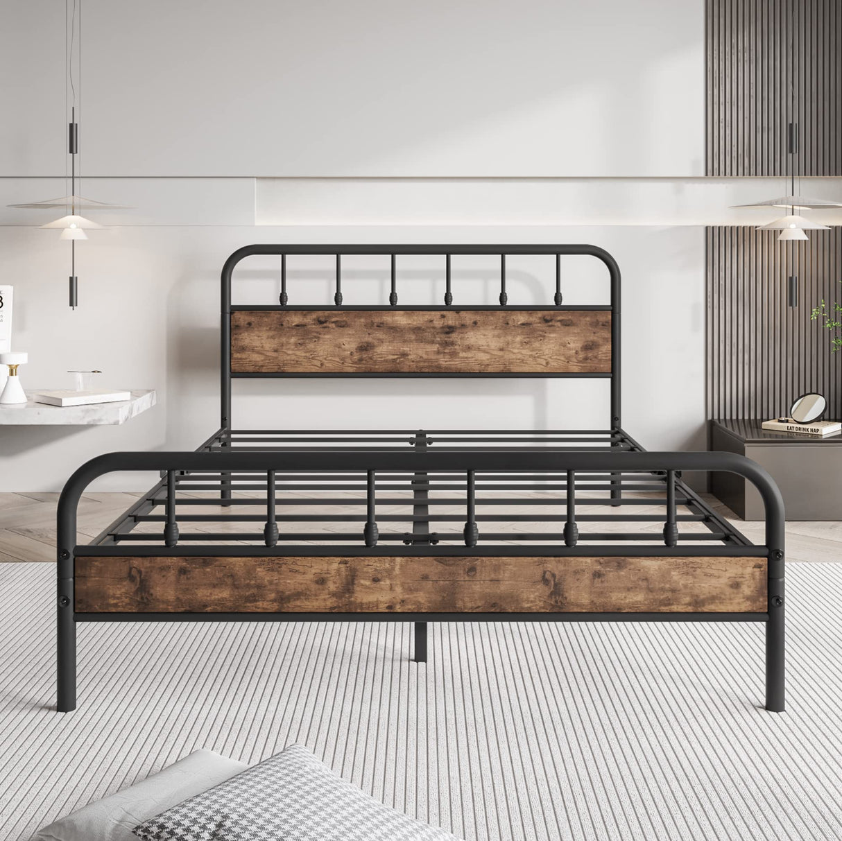 Elegant Home Products Black Queen Bed Frame with Wood Headboard - Sturdy Metal Platform Design, Easy Assembly & No Box Spring Needed Elegant Home Products