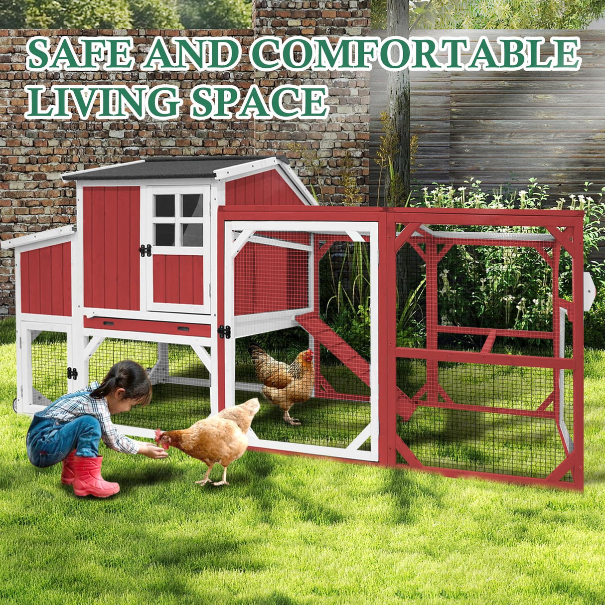 Magazoopet 95.3" Large Chicken Coop with Run, Tractor Hen Chicken House with 3 Nesting Boxes, Portable Duck Rabbit Quail Hutch Poultry Cage for 4-6 Chickens with 6 Access,Pull-Out Tra (Red) Magazoopet