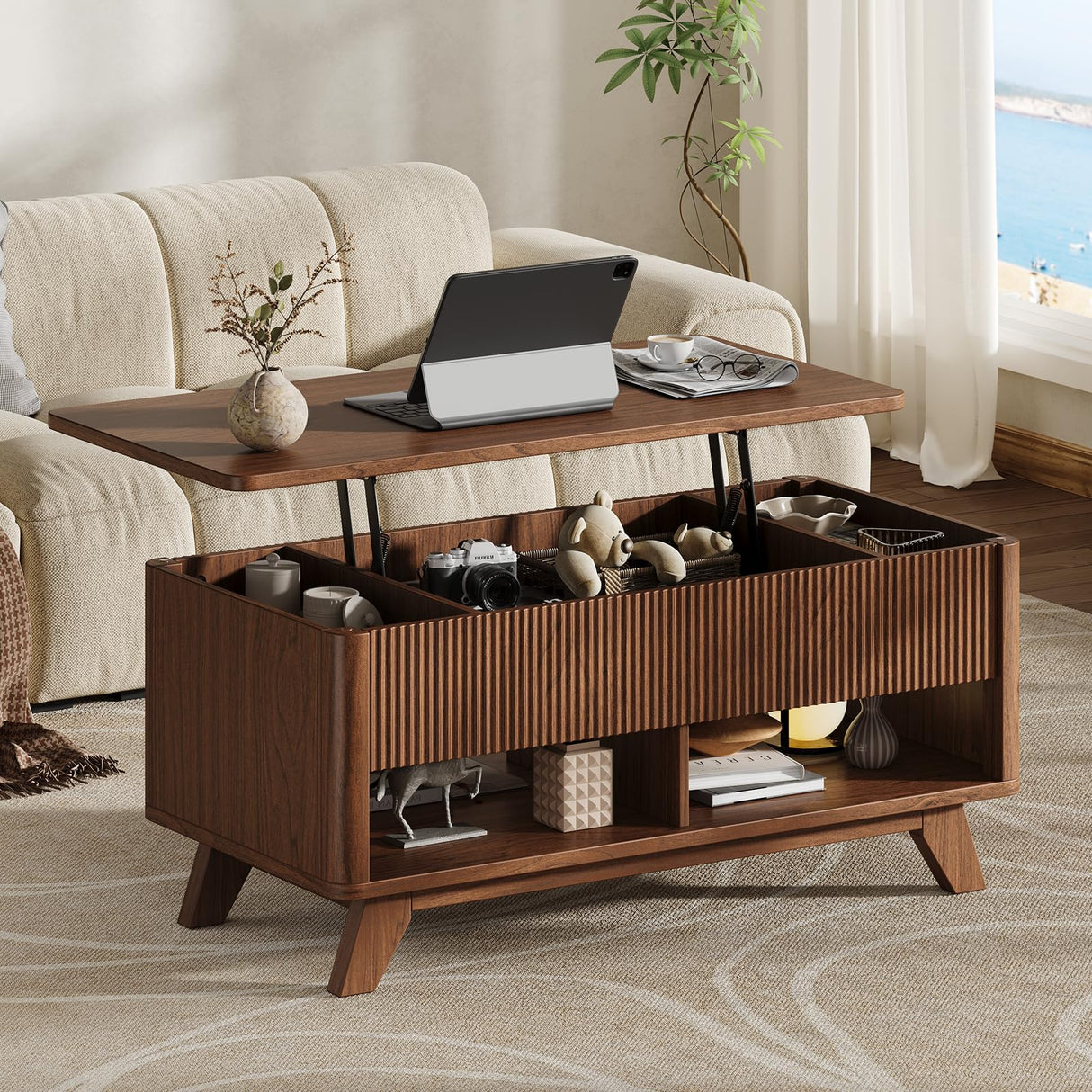 ONBRILL Farmhouse Lift Top Coffee Table, Mid Century Modern Coffee Table with Hidden Storage Compartment, Fluted Rising Pull up Wood Modern Center for Living Room, Office, Walnut ONBRILL