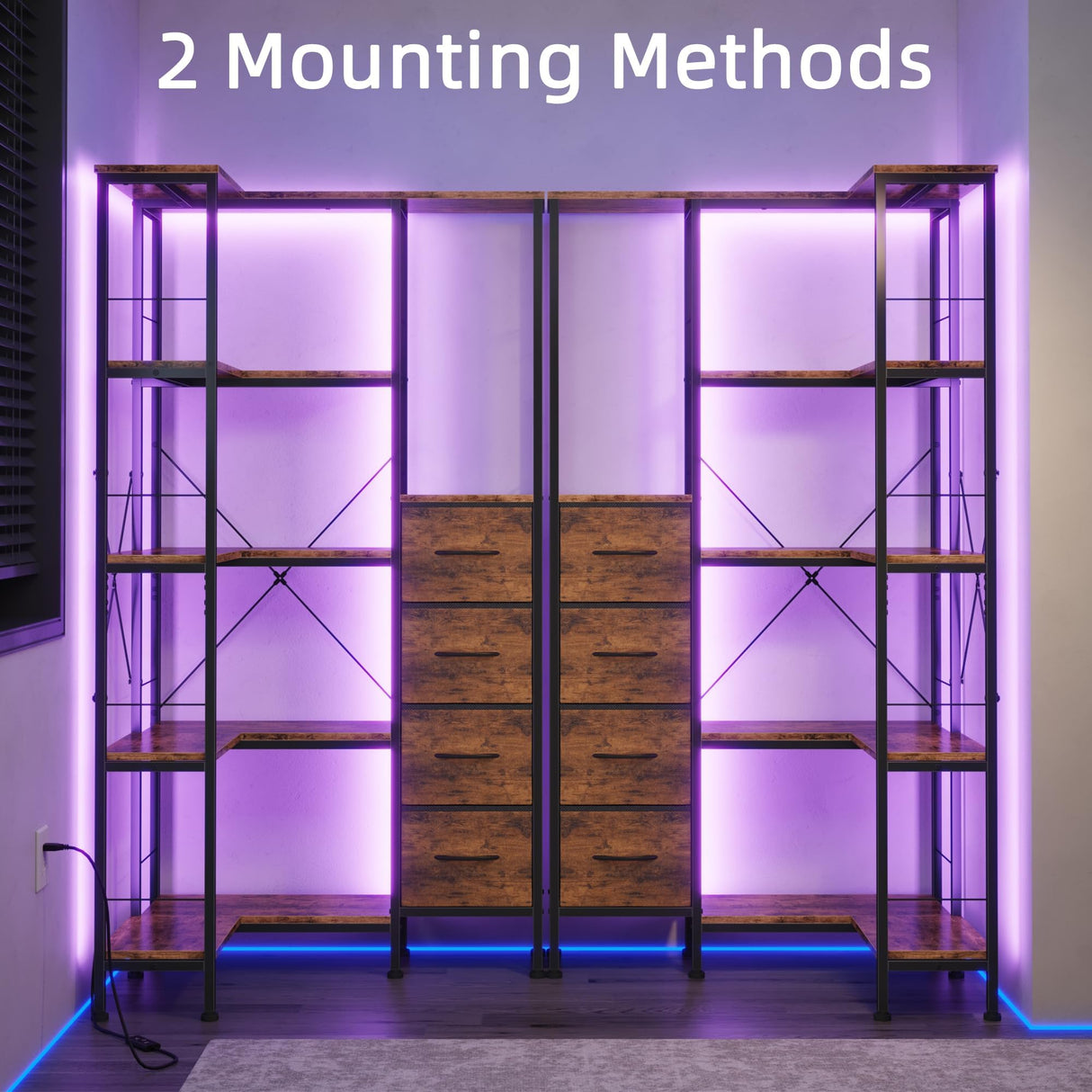 AFLUI Corner Bookshelf with LED Light Strips & 4 Fabric Drawers, 5-Tier Convertible Corner Shelf with Display Shelf, Large Wood Industrial Bookcase for Living Room, Bedroom, Home Office, Rustic Brown AFLUI