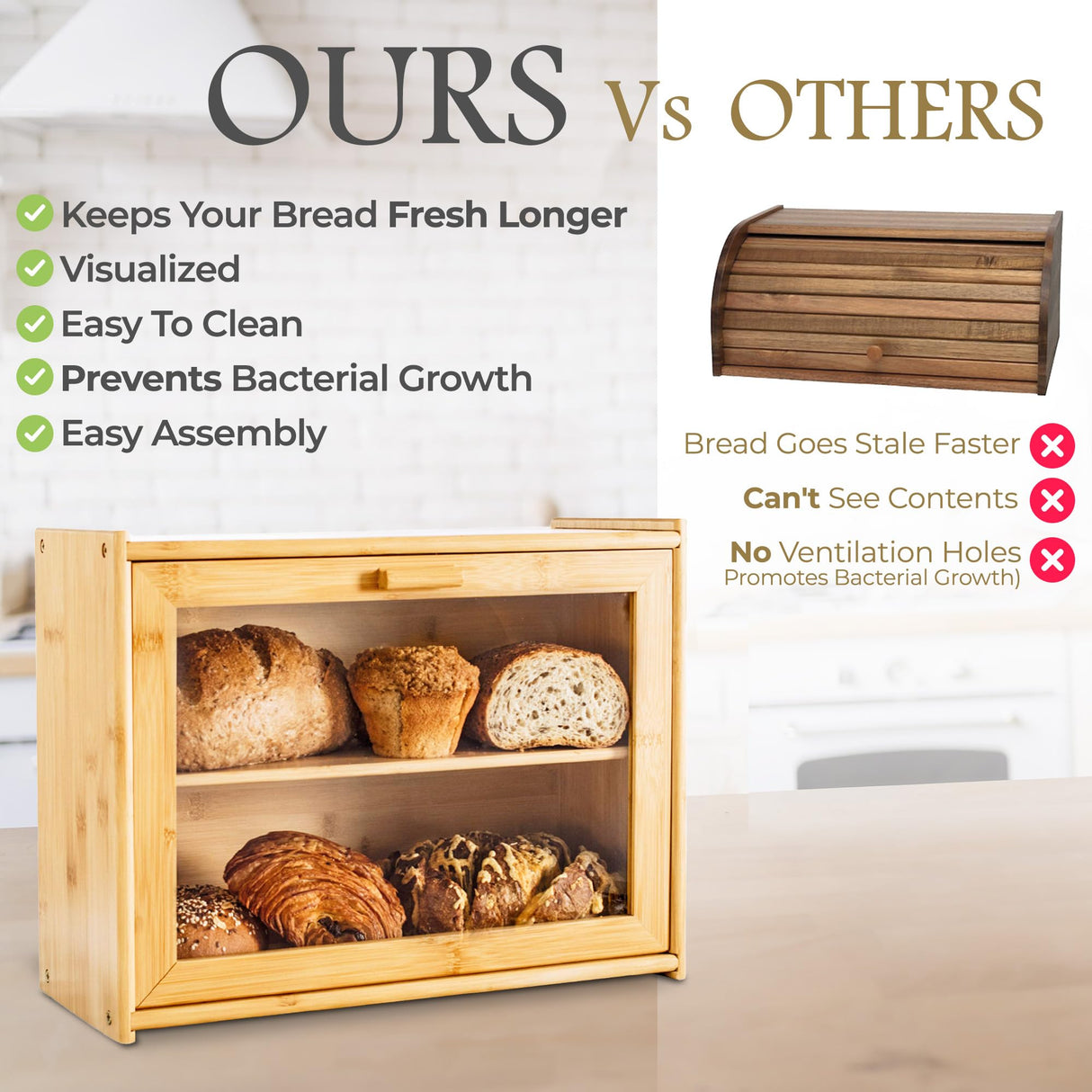 Laura's Green Kitchen Bread Box - Bamboo Bread Box For Kitchen Countertop | Bread Storage For Homemade Bread, Double Layer Bread Box For Kitchen Counter, Farmhouse Bread Container, Wood Breadbox Laura's Green Kitchen