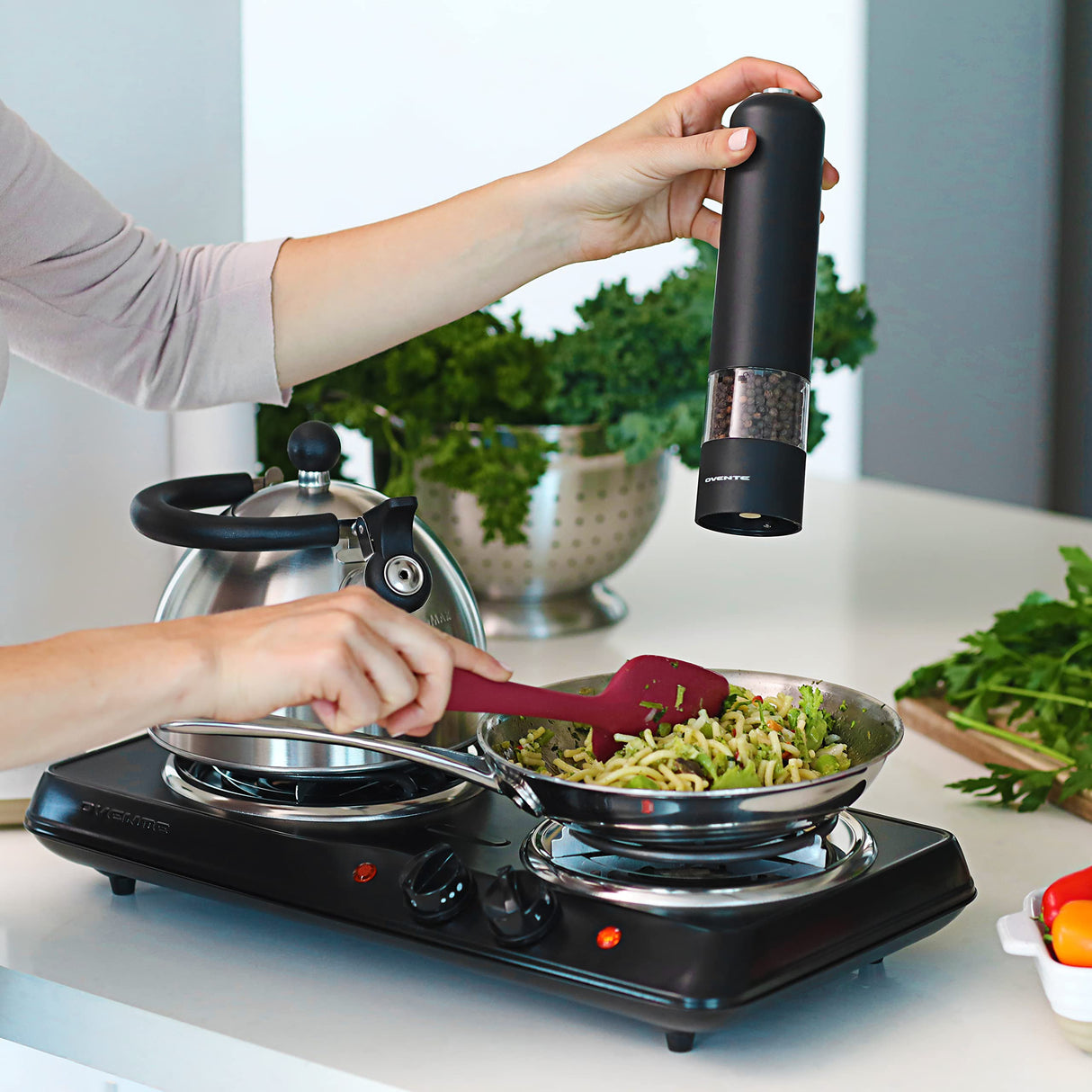 OVENTE Electric Countertop Double Burner, 1700W Cooktop with 6" and 5.75" Stainless Steel Coil Hot Plates, 5 Level Temperature Control, Indicator Lights and Easy to Clean Cooking Stove, Black BGC102B OVENTE