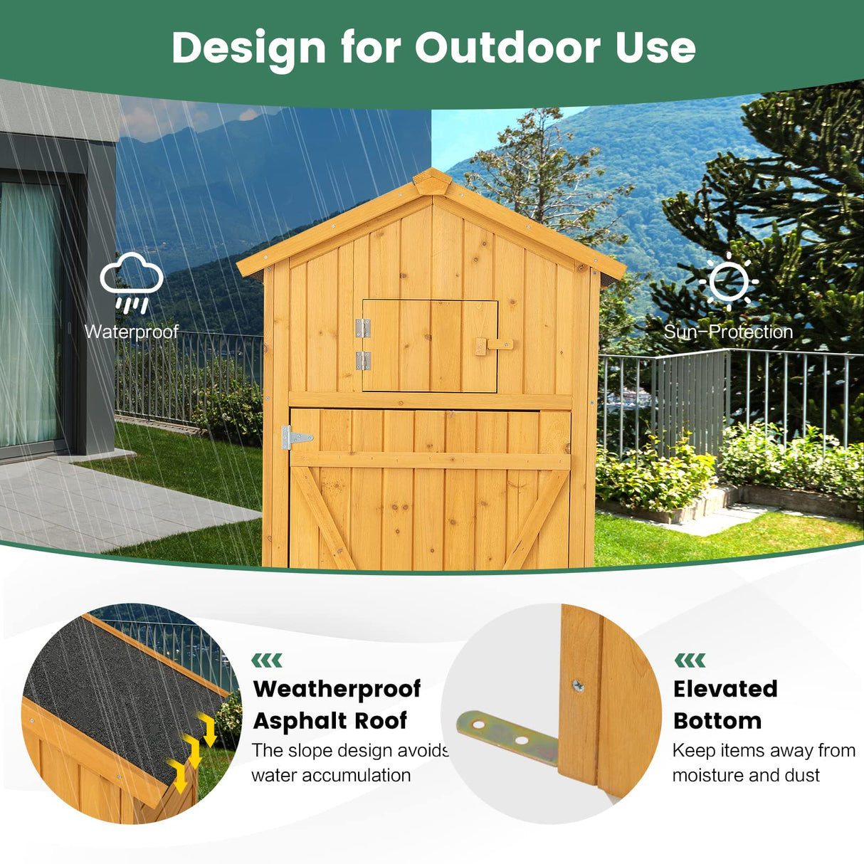 Goplus Outdoor Storage Shed, Wooden Garden Storage Cabinet with Lockable Doors, Foldable Table, Hooks, Utility Tool Organizer with Shelves, Waterproof Outside Tool Shed for Patio Backyard Lawn Goplus
