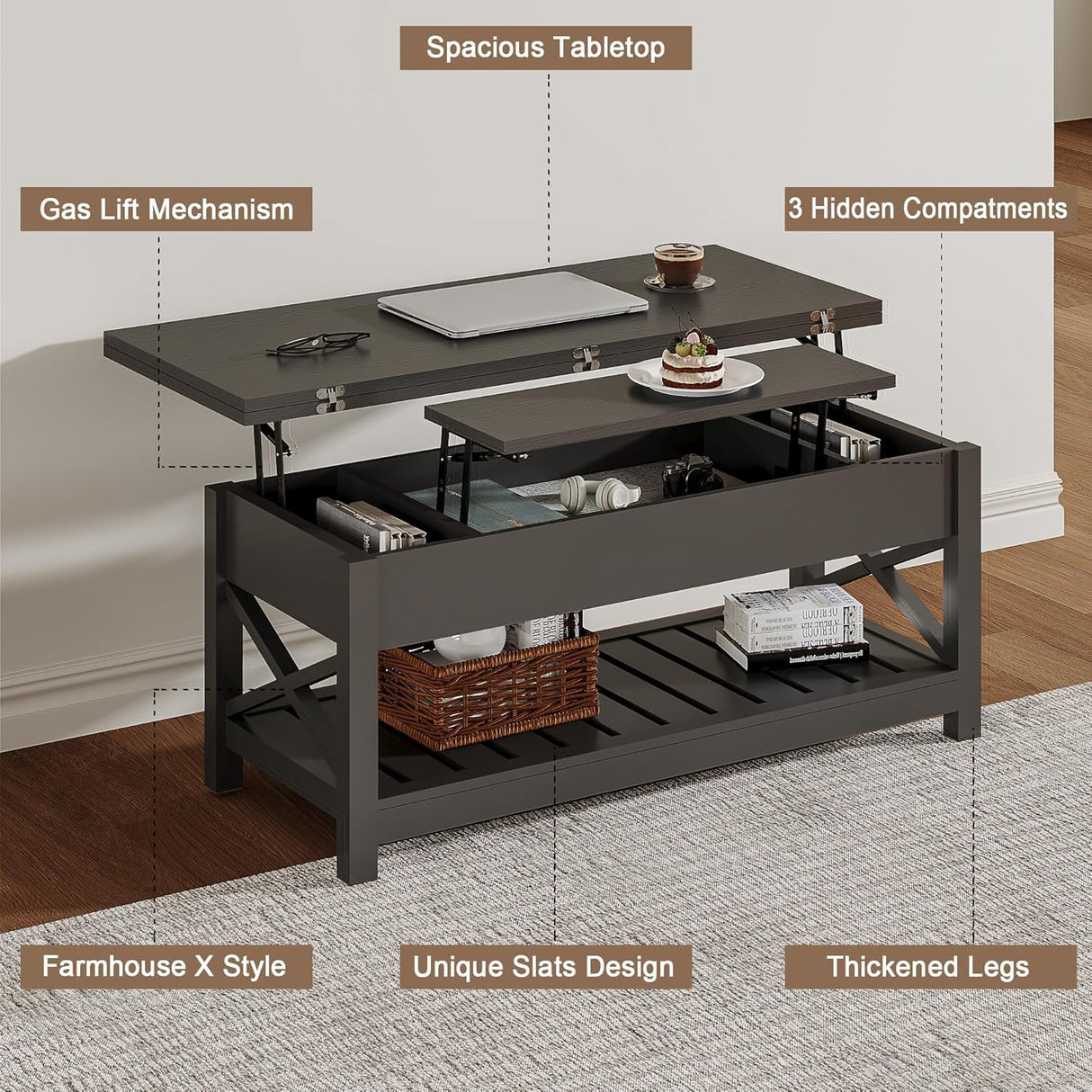 ChooChoo Coffee Table Lift Top, Multi-Function Convertible Coffee Table with Storage and Hidden Compartment, Coffee Table Converts to Dining Table for Living Room, 40 Black ChooChoo