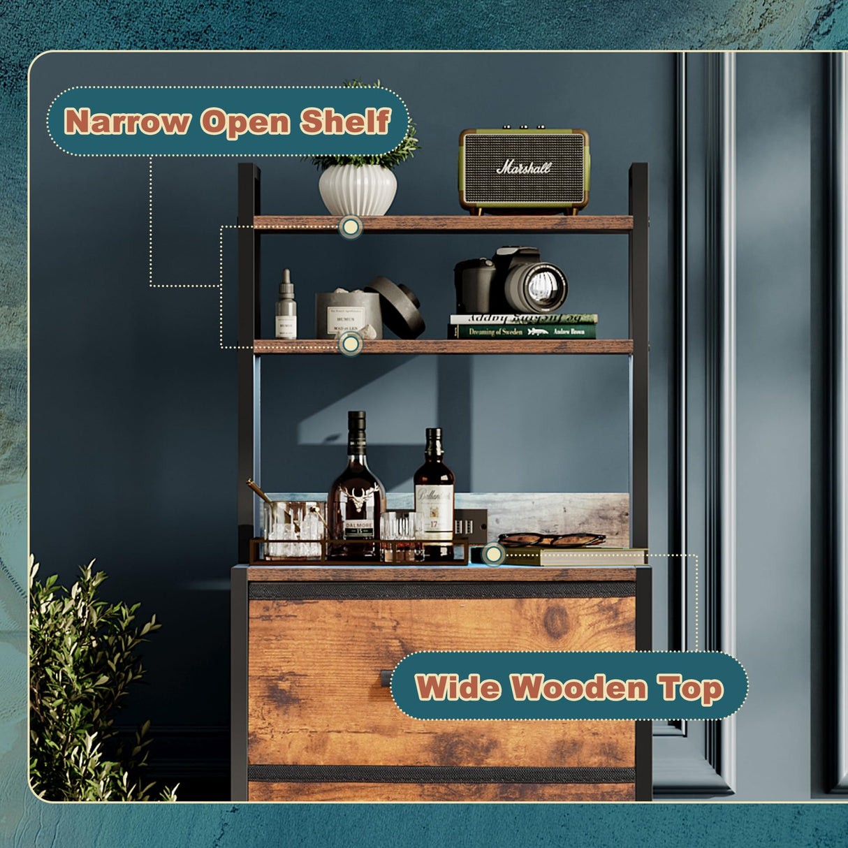 Nightstand 4 Drawer Dresser with LED Lights, Charging Station, Vertical Side Table with Fabric Drawers, End Table with 3 Open Shelves, Tall Dresser for Bedroom, Hallway, Entryway, Rustic Brown EKNKOZY