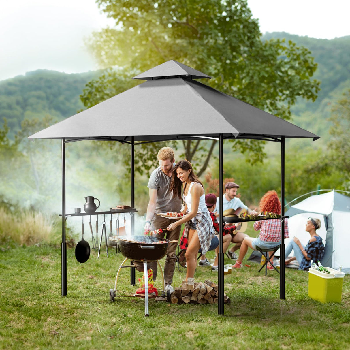 Grill Gazebo 8'x 5' Outdoor Grill Canopy BBQ Gazebo w/Air Vent, Barbecue Gazebo Canopy with 7 Hook Tools for Patio Backyard Barbecue Picnic, Grey FUNG YARD