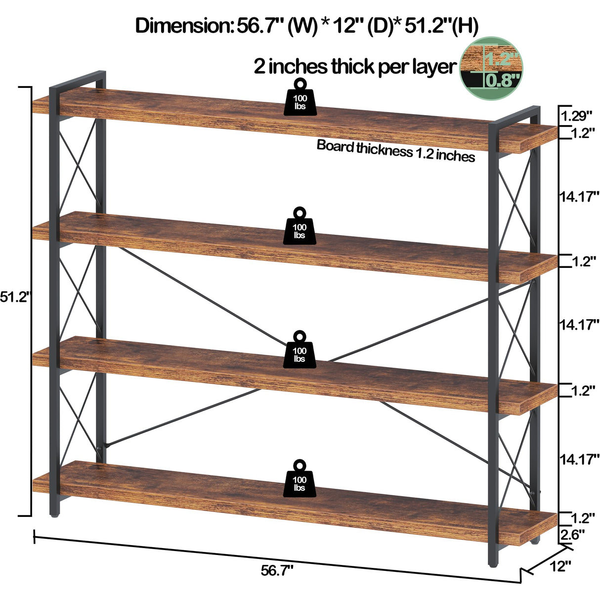 HCHQHS Large Bookshelf, 4-Tier Long Industrial Bookcase, Rustic Brown Book Shelf, Freestanding Horizontal Bookshelves with Metal Frame HCHQHS
