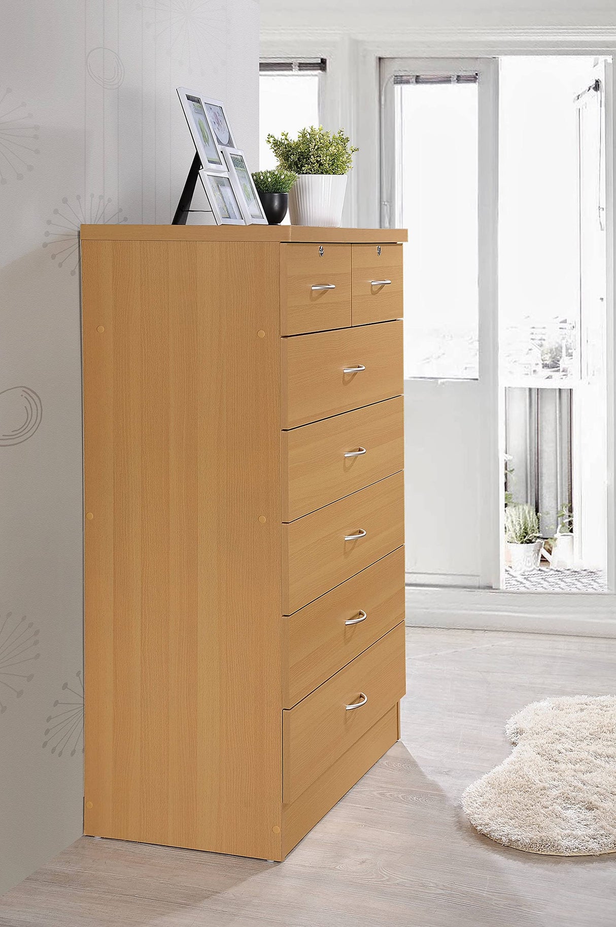 HODEDAH 7 Drawer Wood Dresser for Bedroom, 31.5 inch Wide Chest of Drawers, with 2 Locks on the Top Drawers, Storage Organization Unit for Clothing, Beech Hodedah