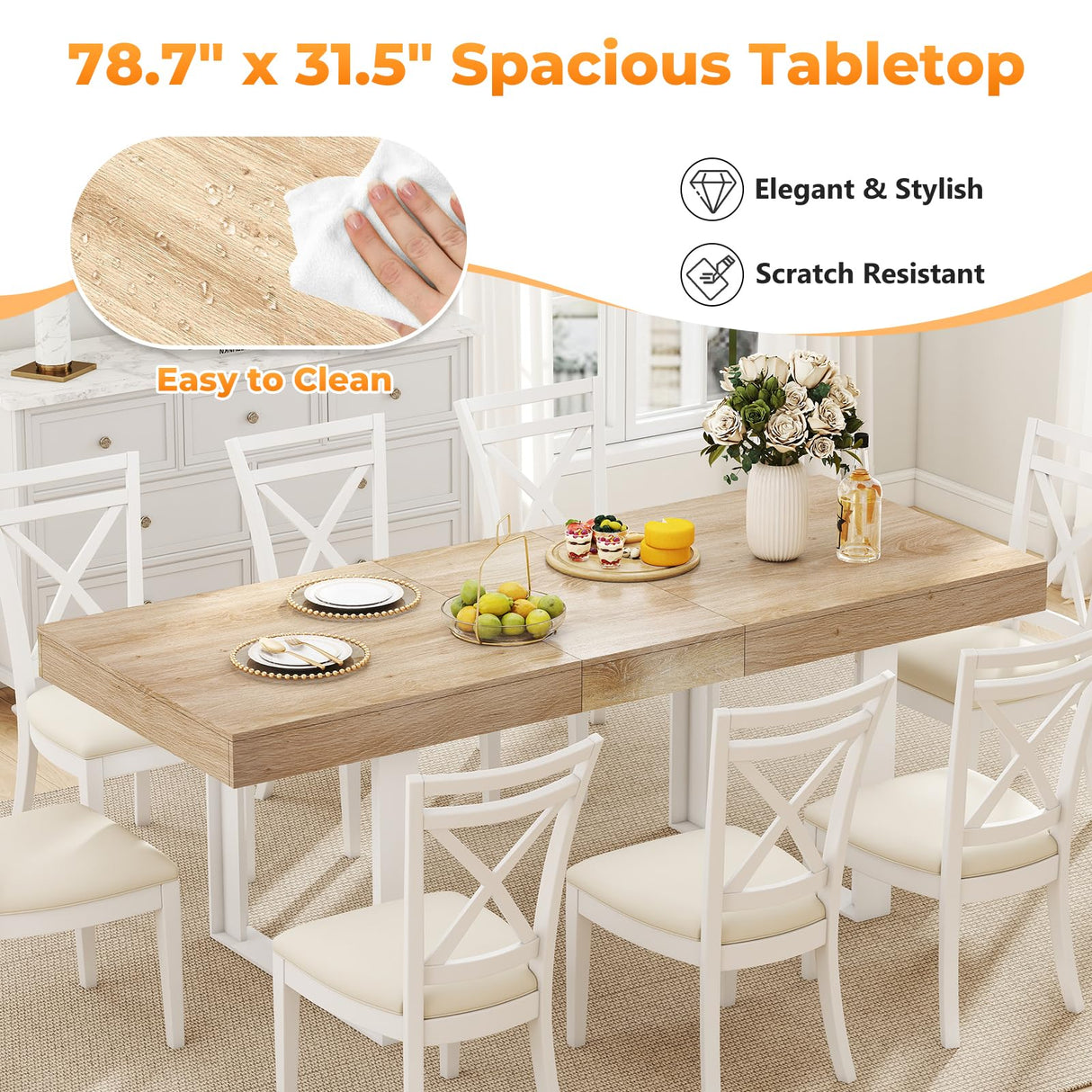 Zevemomo 63"-78.7" Expandable Dining Table, 6-10 Farmhouse Kitchen Table, Extendable Dining Table, Rectangular Kitchen Table with Metal Track, Tapered U-Shaped Legs for Dining Room, Office-Oak Zevemomo