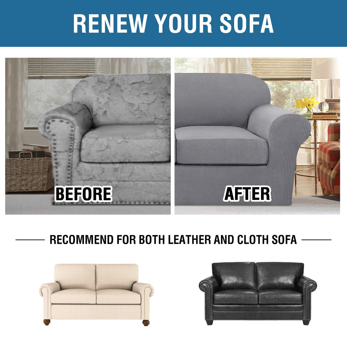 H.VERSAILTEX 3 Piece Stretch Sofa Covers for 2 Cushion Loveseat Couch Covers for Living Room Sofa Slipcovers (Base Cover Plus 2 Seat Cushion Covers) Thicker Jacquard Fabric(Medium Sofa, Dove) H.VERSAILTEX