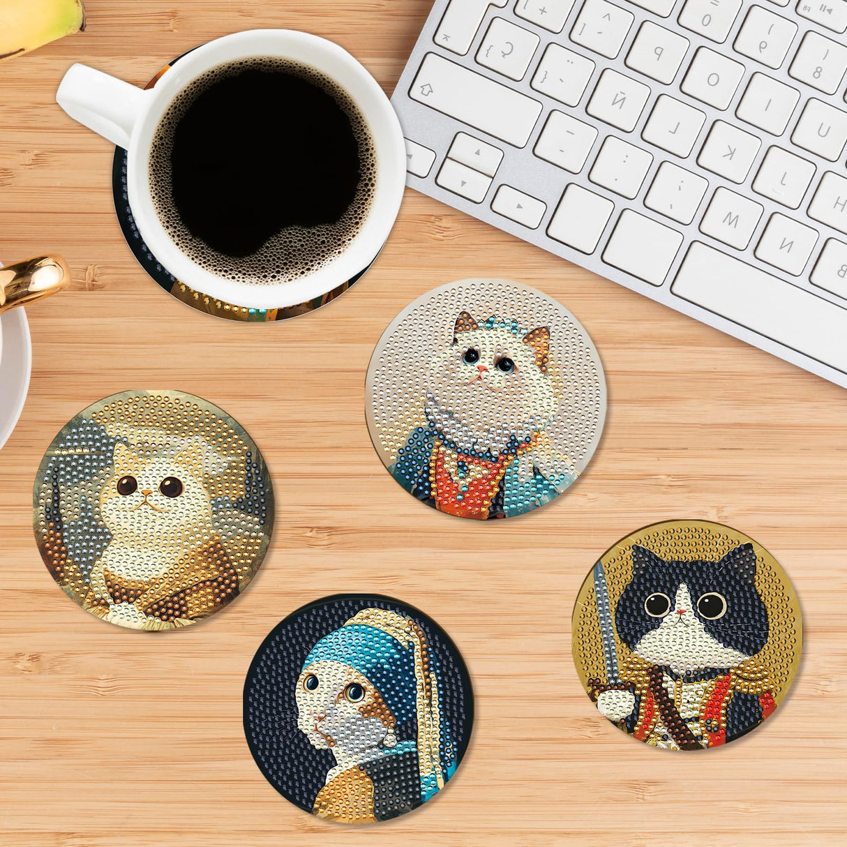 Sitsink Funny Cat Diamond Art Coasters - 8 Pcs DIY Cute Cat Funny Adult Diamond Painting Coasters Kits with Holder for Adults Beginners Animal Lover Gift Crafts Supplies Sitsink