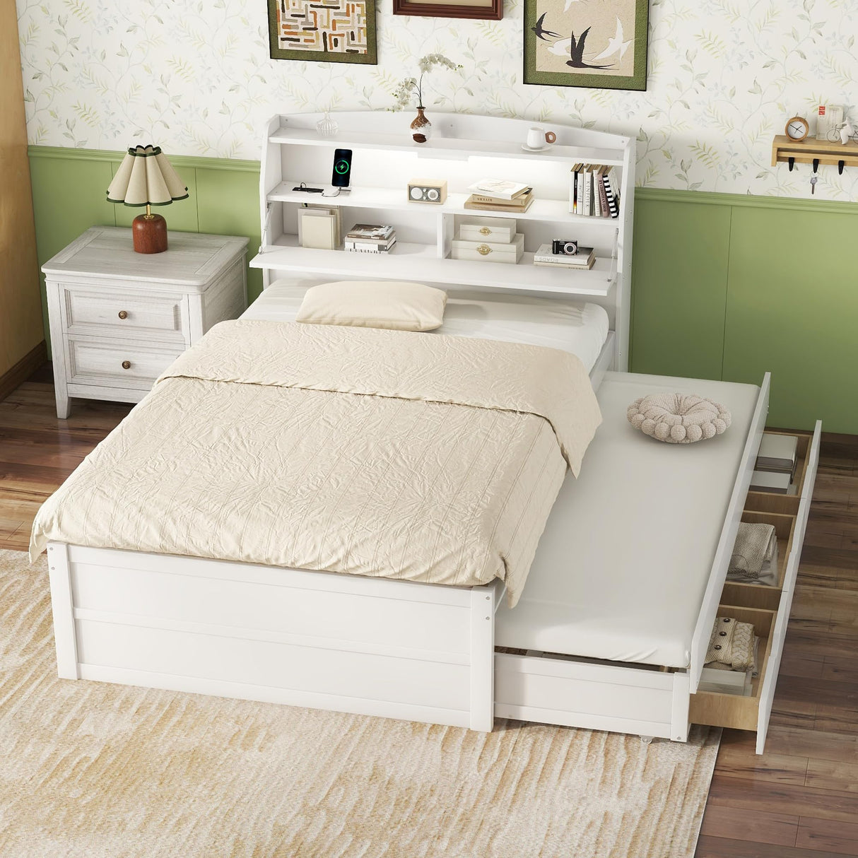 MERITLINE LED Platform Bed with Trundle, Drawers, and Bookcase Headboard - White Full Size Frame with USB Ports MERITLINE
