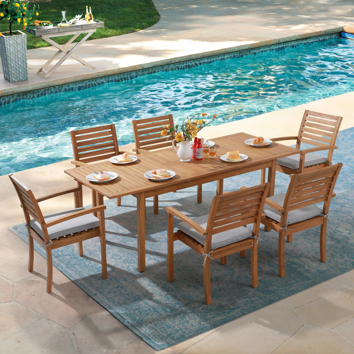OC Orange-Casual 7 Piece Patio Dining Set, Outdoor Acacia Wood Furniture Set, Extendable Rectangular Table and 6 Stackable Chairs w/Removeable Fabric Cushion, FSC Certified, Light Grey Cushion OC Orange-Casual
