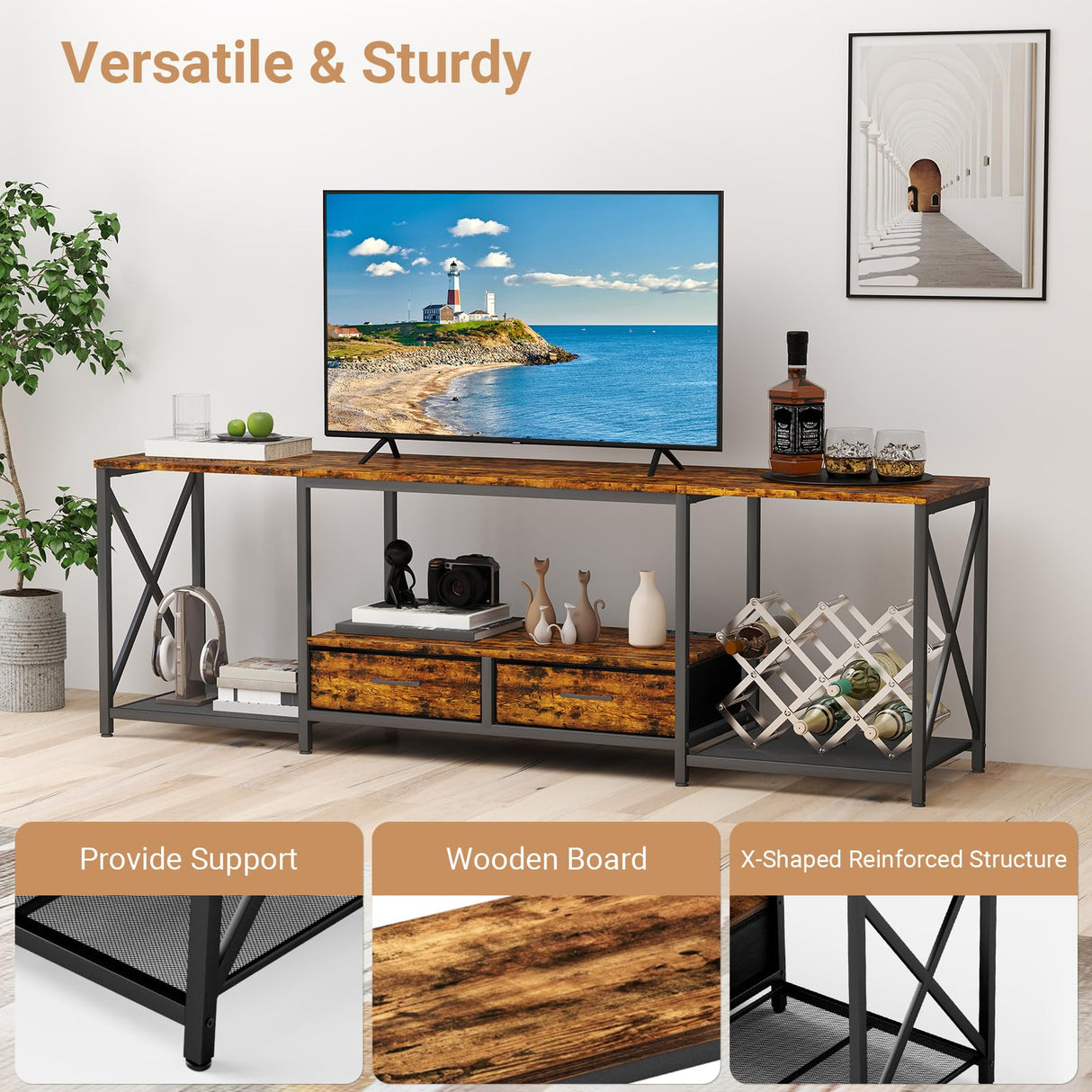 Zevemomo 66.5" LED TV Stand, TV Stands for 55/60/75 Inch TV, Console Tables with LED Strip Lights, Entertainment Center with 4 AC Outlets & 2 USB Ports, Open Storage Shelves for Living Room-Brown Zevemomo