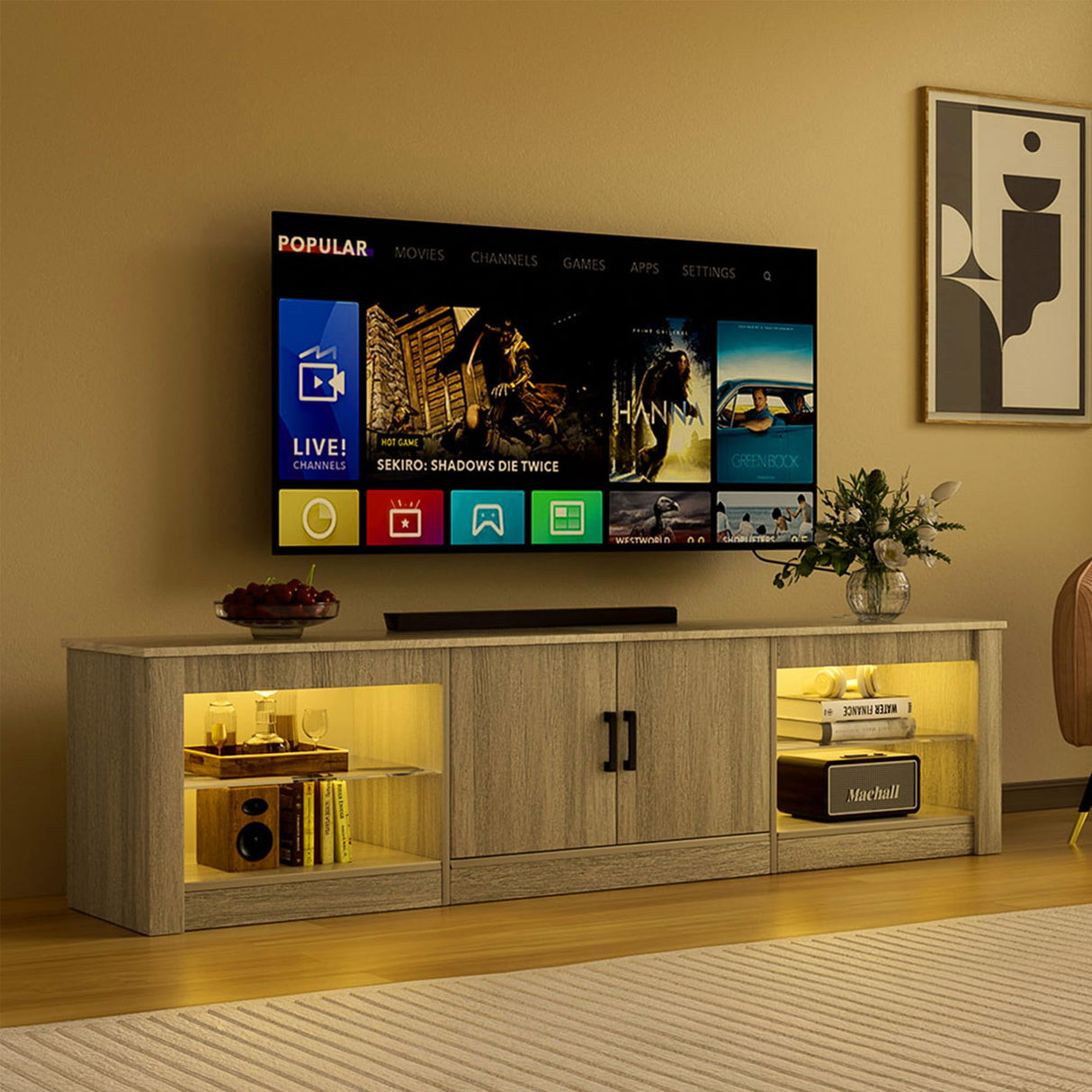 Algglobuy Modern TV Stand for 65 Inch TV with LED Lights, Entertainment Center with Adjustable Tempered Glass Shelves & Power Outlets, Media TV Console Table for Living Room, Bedroom Algglobuy