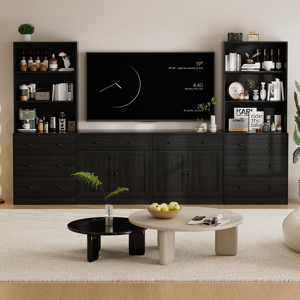 TUSY 4-Piece Large TV Stand with Bookshelves for TVs up to 75", TV Entertainment Center Media Center with Tempered Glass Doors and Shelves, TV Hutch for Living Room White (Black) TUSY