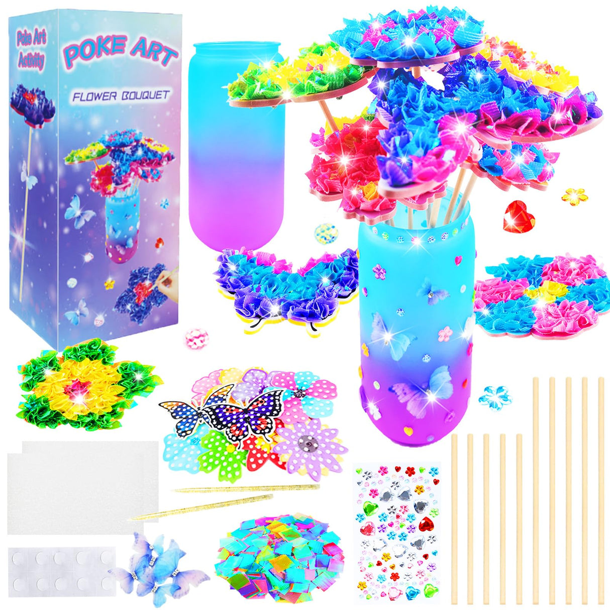 FJBICODA Poke Art Flower Bouquet Craft Kit - Arts and Crafts for Girls Ages 5-12 - Make Your Own Bouquet with 8 Flowers 2 Butterflies & 1 Vase - DIY Activities Gifts for 5 6 7 8 9 10+ Year Old Kids FJBICODA