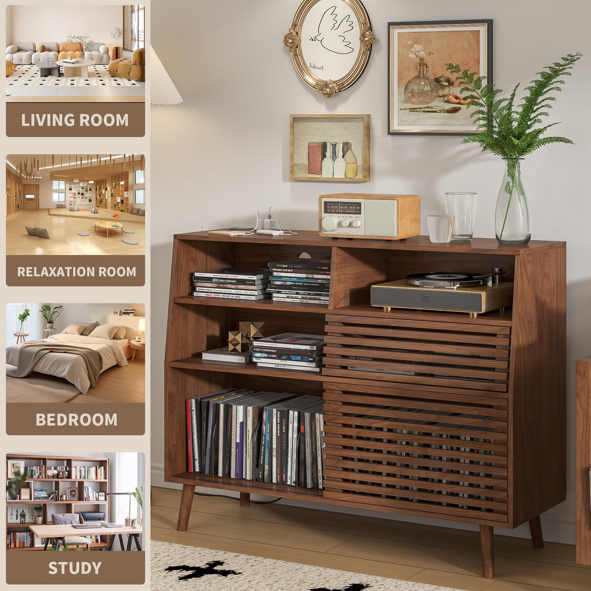 Jluomei Large Record Player Stand, Mid-Century Turntable Stand with Doors and Charging Station Record Player Table Holds Up to 450 Albums Vinyl Storage Display Shelf for Living Room, Walnut Jluomei