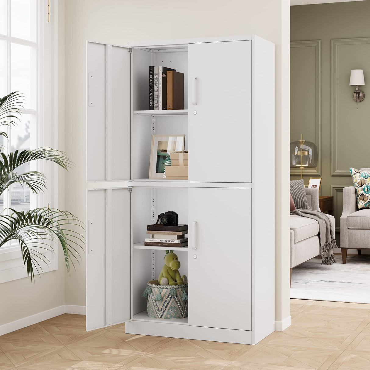 STANI Metal Storage Cabinet, Locking Steel Storage Cabinet with 4 Doors and 2 Adjustable Shelves, 71" Steel Lockable File Cabinet, Tall Steel Cabinet for Home Office,Garage,School (White) STANI