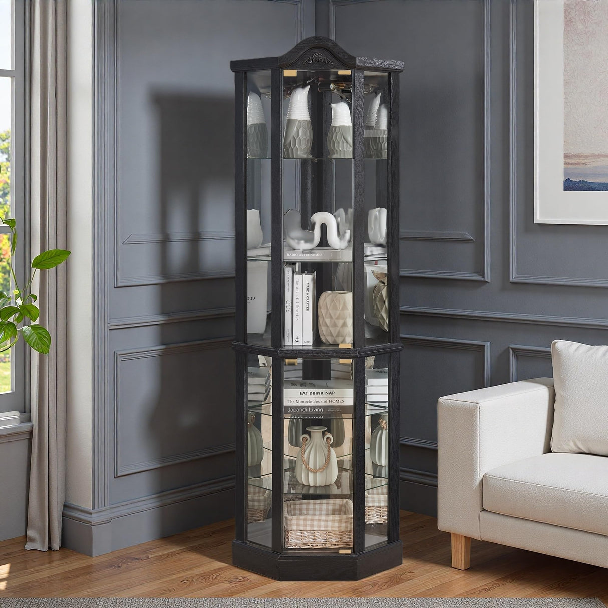 Trygoal 72" H Lighted Wooden Corner Curio Cabinet, Curio Cabinet with Light Bulb, Accent Wooden Corner Case with Glass Doors & Shelves for Living Room, Dining Room, Black Trygoal