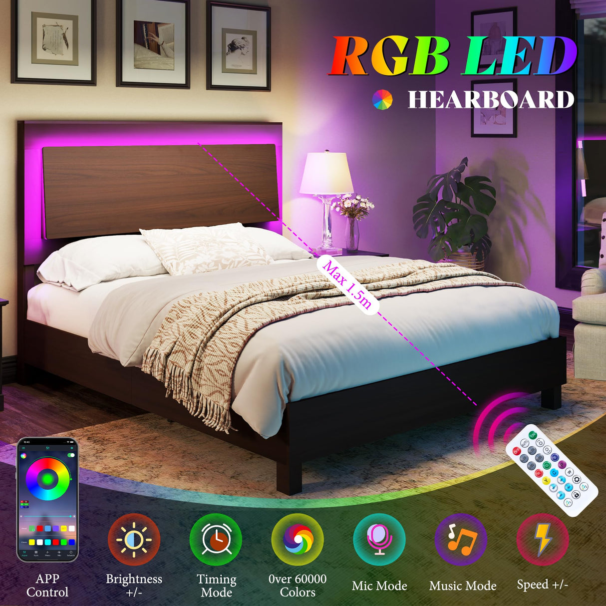 AMERLIFE Rustic Wood Full Bed Frame with LED Headboard and Supportive Slats, Red Brown AMERLIFE