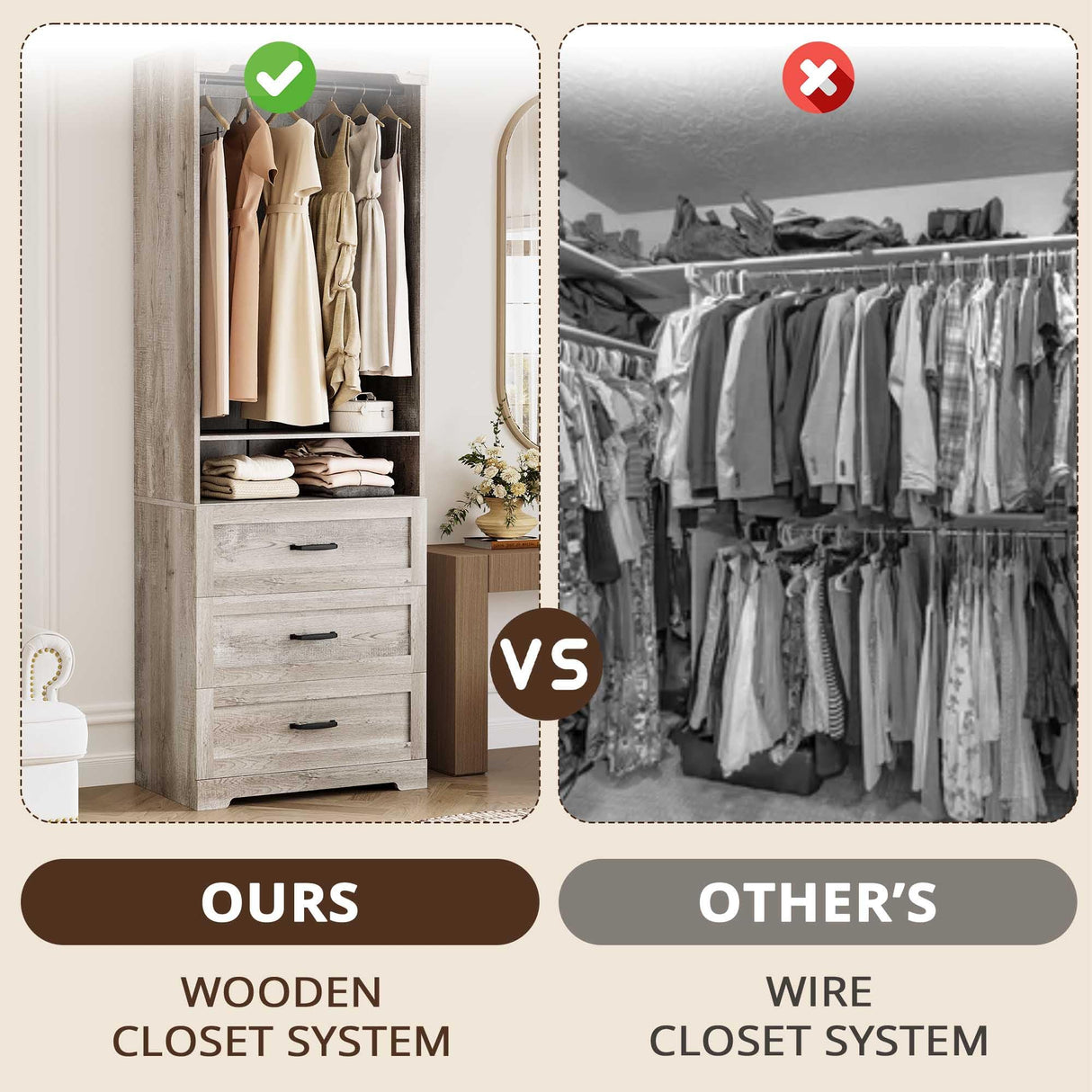 IRONCK Freestanding Closet System with 3 Wood Drawers, Modern Armoire Wardrobe with Adjustable Shelves & Hanging Rod, Walk-in Closet Systems Organizer, Rustic Maple IRONCK