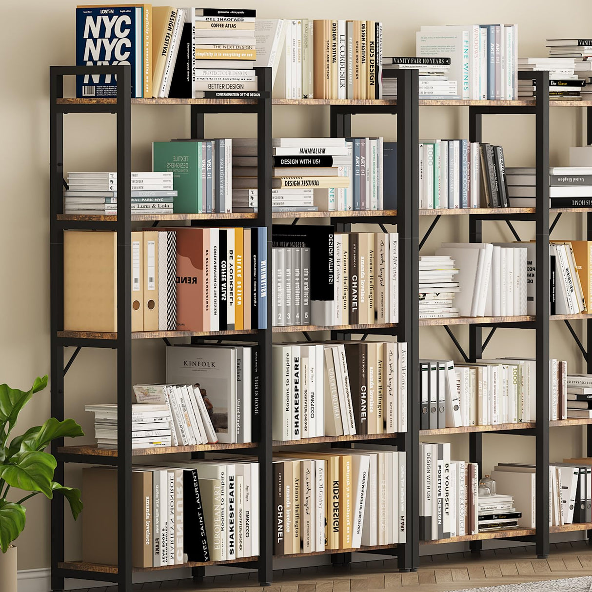 oneinmil Bookshelf 5 Tier, 58.7'' Industrial Book Shelf, Wooden Bookshelves with 10 Open Display Shelves, Vintage Storage Rack, Standing Wide Bookcase for Home and Office, Rustic Brown oneinmil