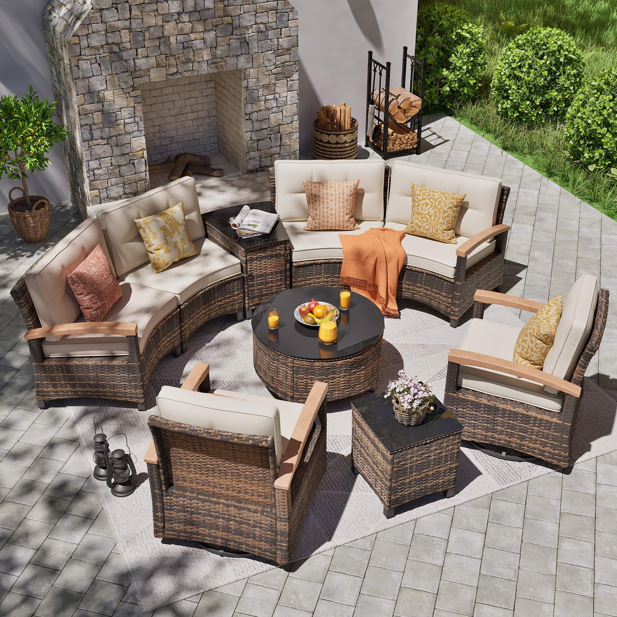 MEISSALIVVE 9 Piece Outdoor Patio Furniture Set, Half-Moon Curved Sectional Sofa Rattan Patio Conversation Set with Wood Armrests, Tempered Glass Round Coffee Table & Side Table(Beige) MEISSALIVVE