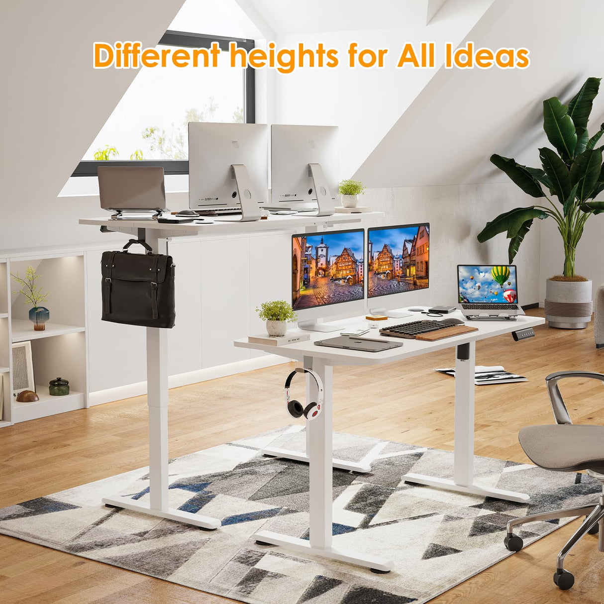 STARY Electric Adjustable Height Sit Stand Home Office Desk with Splice Board, 48x24, White Desktop/White Frame STARY