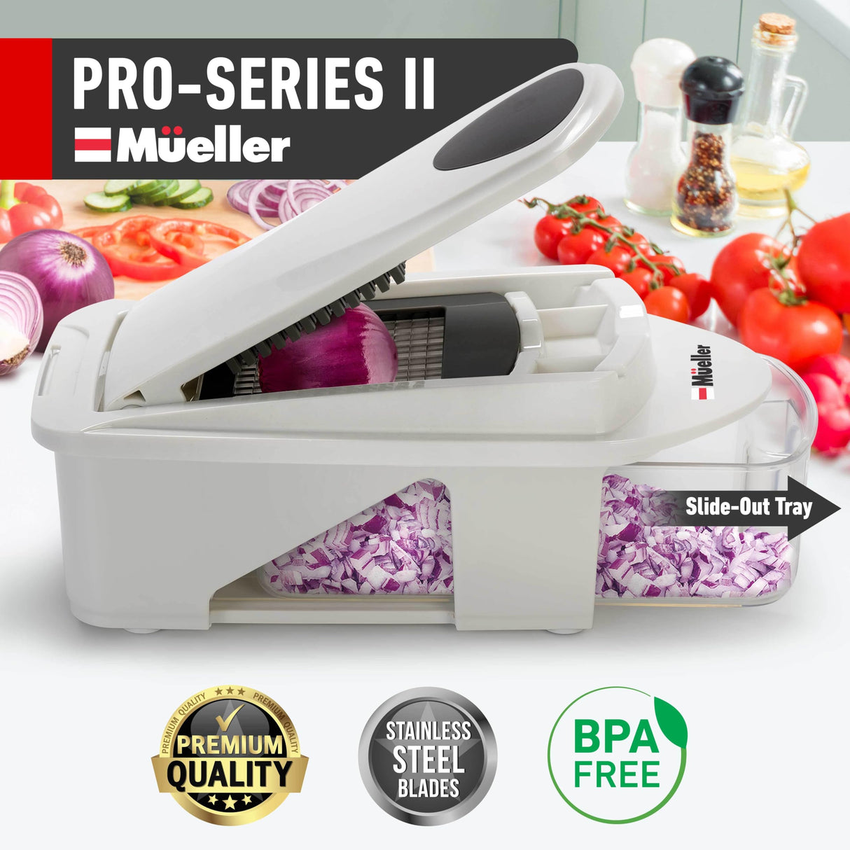 Mueller Pro-Series All-in-One, 12 Blade Mandoline Slicer for Kitchen, Food Chopper, Vegetable Slicer and Spiralizer, Cutter, Dicer, Grater, Kitchen Gadgets Sets with Container, White Sand/Gray Mueller