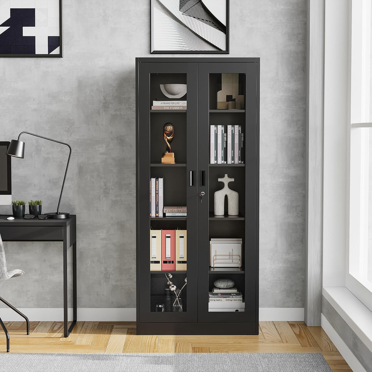 Anxxsu Display Cabinet with Glass Doors, Display Case Cabinet for Collectibles, Curio Display Cabinet with 4 Adjustable Shelves, 71" Glass Display Cabinet for Home Living Room (Black) Anxxsu