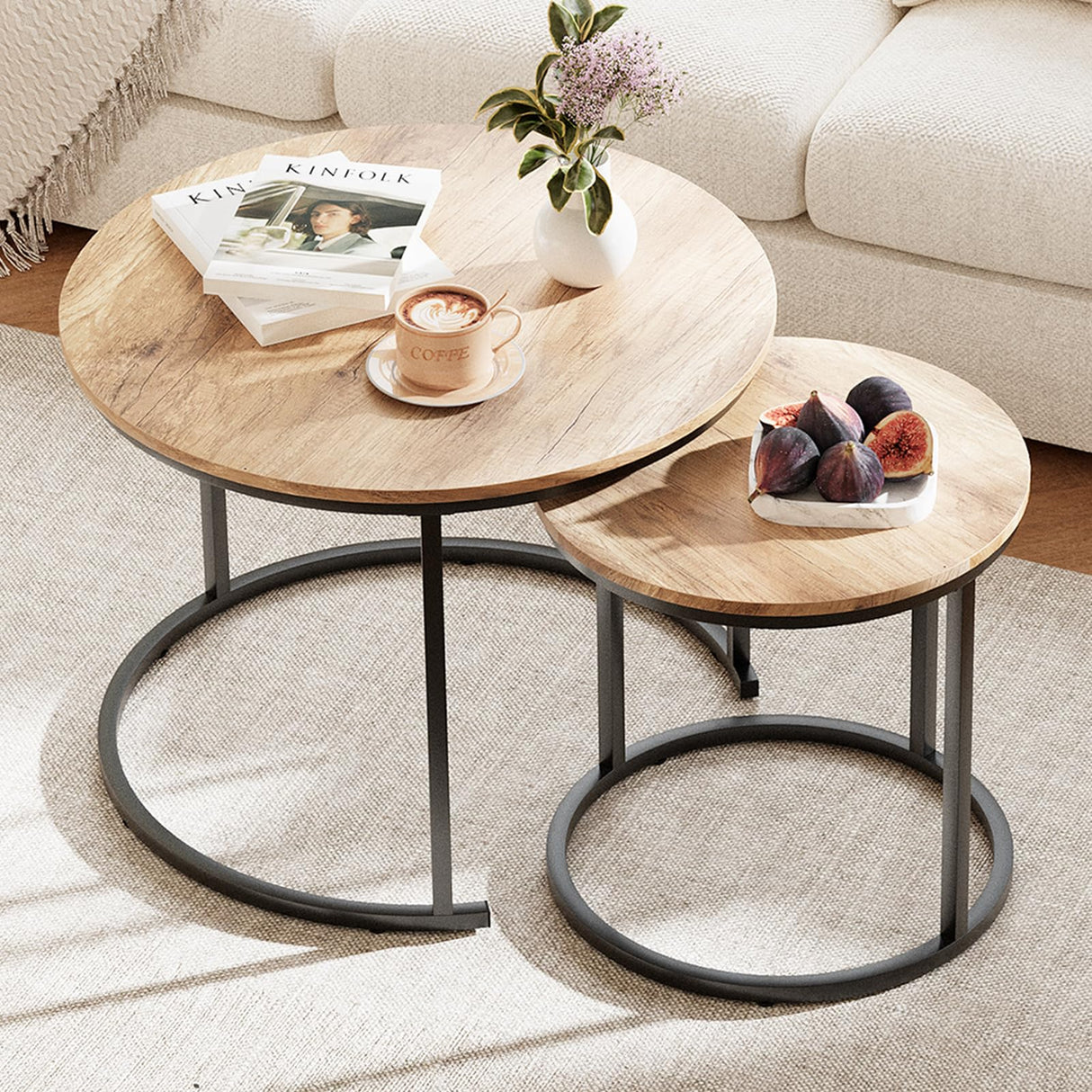 Garden 4 you Nesting Coffee Table, 23.6" Round Coffee Table Set of 2, Wooden Nesting Table Set for with Metal Frame, Side Tables for Living Room Bedroom Balcony, Brown Garden 4 you