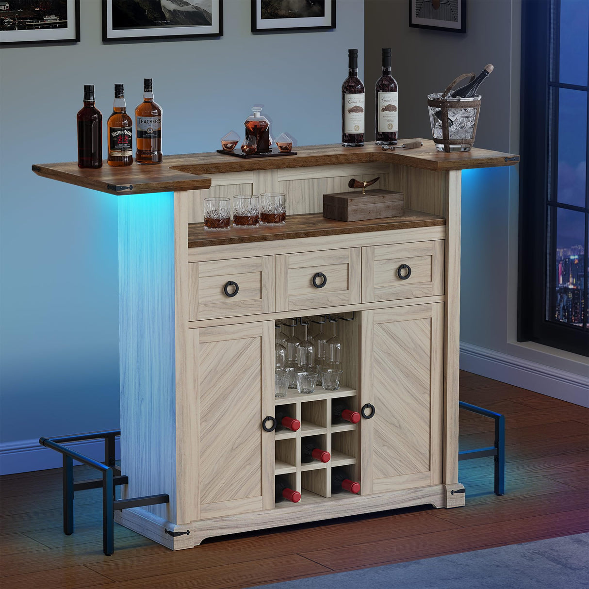 YITAHOME Home Bar Unit with LED Lights & Drawer, Farmhouse Bar Cabinet with Glasses Holder and Wine Storage, Liquor Bar Table Mini Bar with Footrest for Living Room, Off White+Walnut Grain YITAHOME