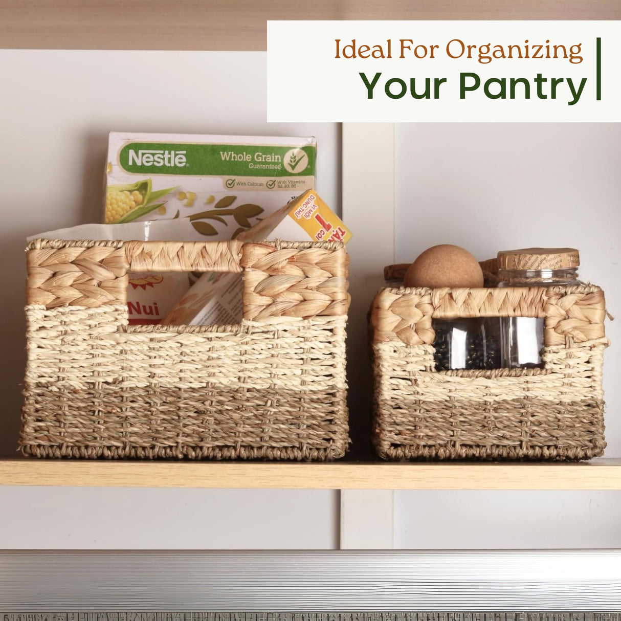 CHI AN HOME Wicker Storage Baskets, Set of 3 Water Hyacinth Storage Baskets For Organizing, Storage Bins Container for Shelves, Woven Pantry Baskets, 3-Pack, Natural, Built-in Carry Handles Chi An Home