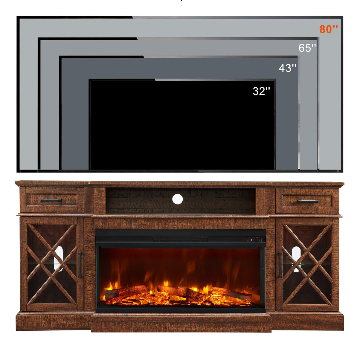 OKD 3-Sided Glass Farmhouse Fireplace TV Stand for TVs up to 80'', Highboy Entertainment Center with Glass Door Storage Cabinet, 70'' Large TV Stands with 36'' Electric Fireplace, Reclaimed Barnwood OKD