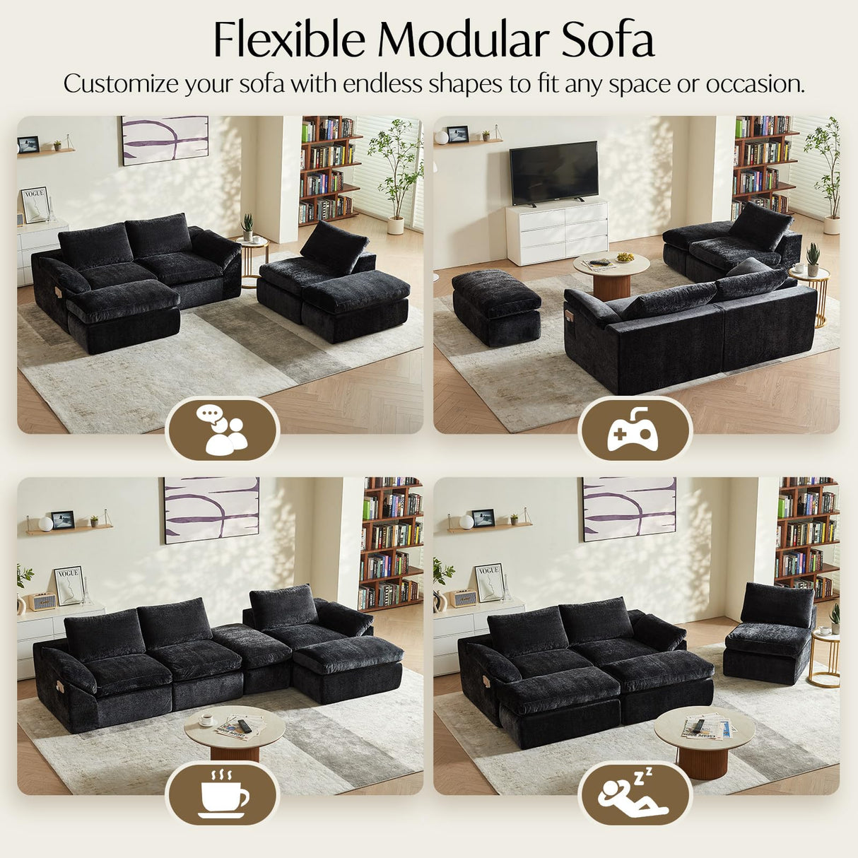 Vamcheer Modular Sectional Cloud Couch, Utra Soft U Shaped Couch with 2 Movable Ottoman, Deep Seat Boneless Couches for Living Room Bedroom, No Assembly Required, Black Vamcheer