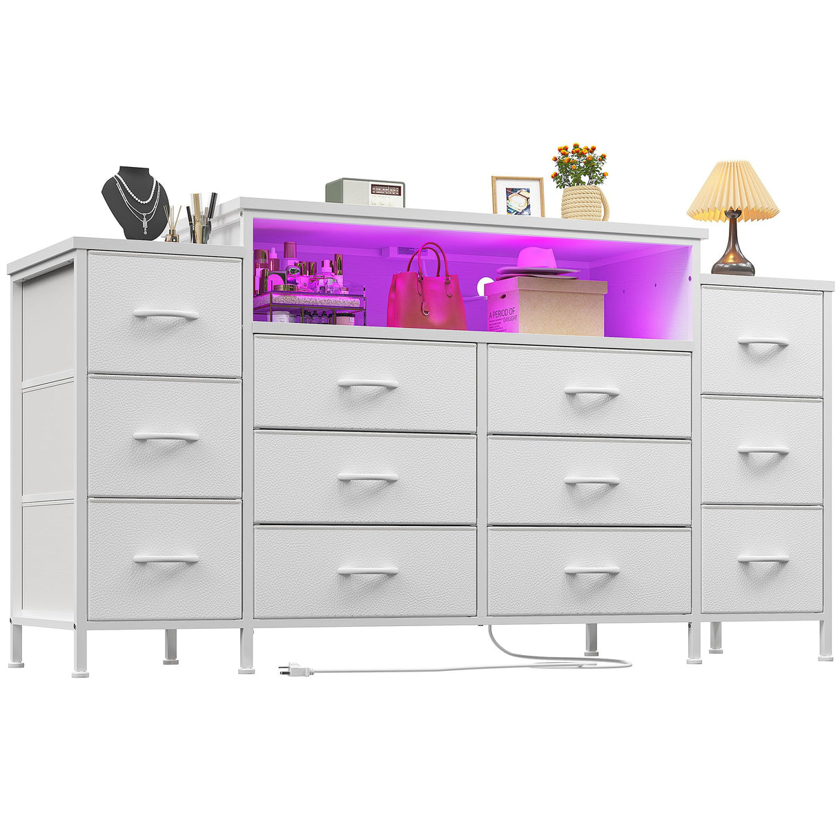 EnHomee 55" W Dresser for Bedroom with LED Lights & Charging Station 12 Drawer Dressers & Chests of Drawers Dresser TV Stand for Bedroom for Hanging 65" TV, Metal Frame & Fabric Drawers, White EnHomee