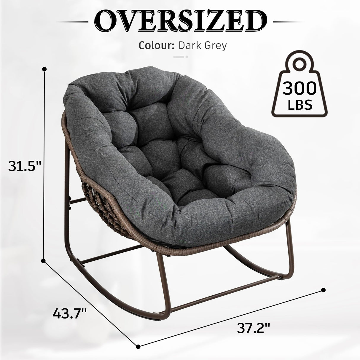 Outdoor Patio Rocking Chair, Oversized Papasan Chair with Cushion and Frame, Comfy Rattan Wicker Egg Chairs Indoor, Modern Lounge Rocker for Front Porch Living Room Bedroom (Dark Grey, Set of 1) SLEERWAY