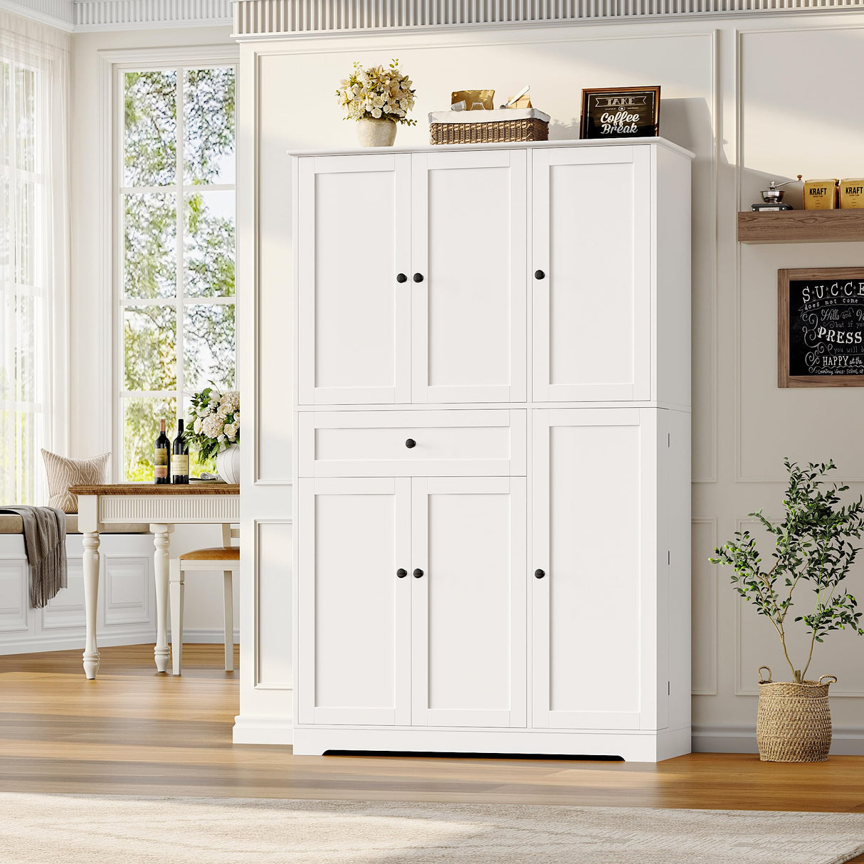 HOSTACK 68" Tall Kitchen Pantry Storage Cabinet, Modern Kitchen Hutch Cabinet with Doors and Shelves, Freestanding Food Pantry with Large Storage Drawer for Dining Room, Living Room, White HOSTACK