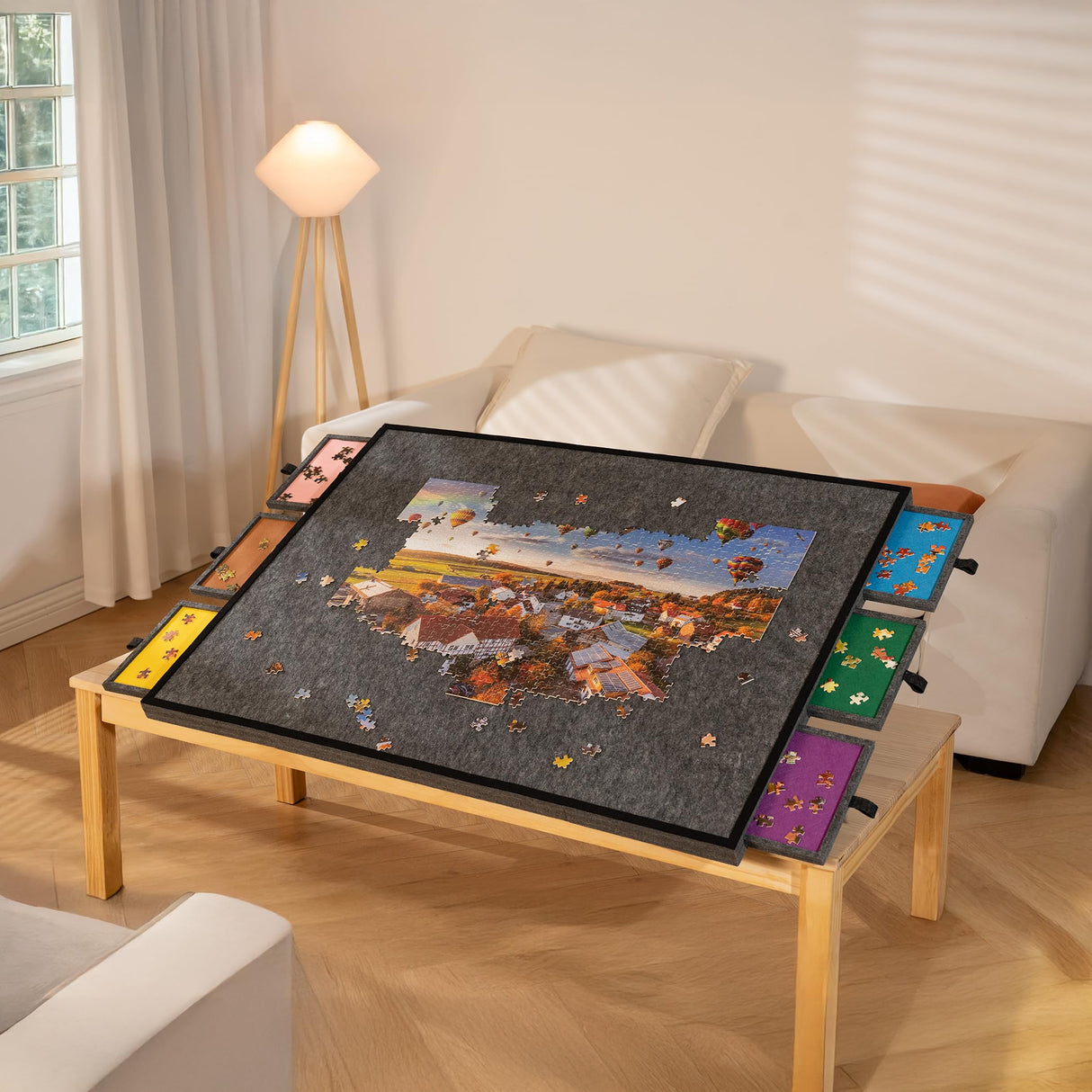 Tektalk 2000 Piece Foldable Jigsaw Puzzle Table with Cover, 3-Tilting-Angle Plateau, Lightweight Portable Felt Puzzle Board with 6 Sorting Drawers (Dark Gray) Tektalk