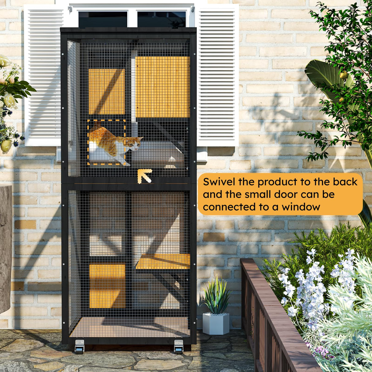 TRYKERPET 4 Tiers Catio Outdoor Cat Enclosure, Outdoor Cats House with 4 Wheels, Cat Enclosure Window Access with Removable Floor, Upgraded Resting Box, Waterproof Roof, Wooden Indoor Pet Cage, Black TRYKERPET