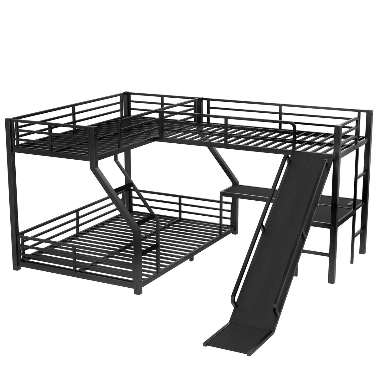 Triple Bunk Beds, L-Shape Twin XL Over Queen Bunk Bed Attached a Loft Bed with Desk, Triple Bunk Bed with Slide and USB Ports, Metal Corner Bunkbed Frame for Three Kids Boys Girls Teens, Metal Black Bellemave
