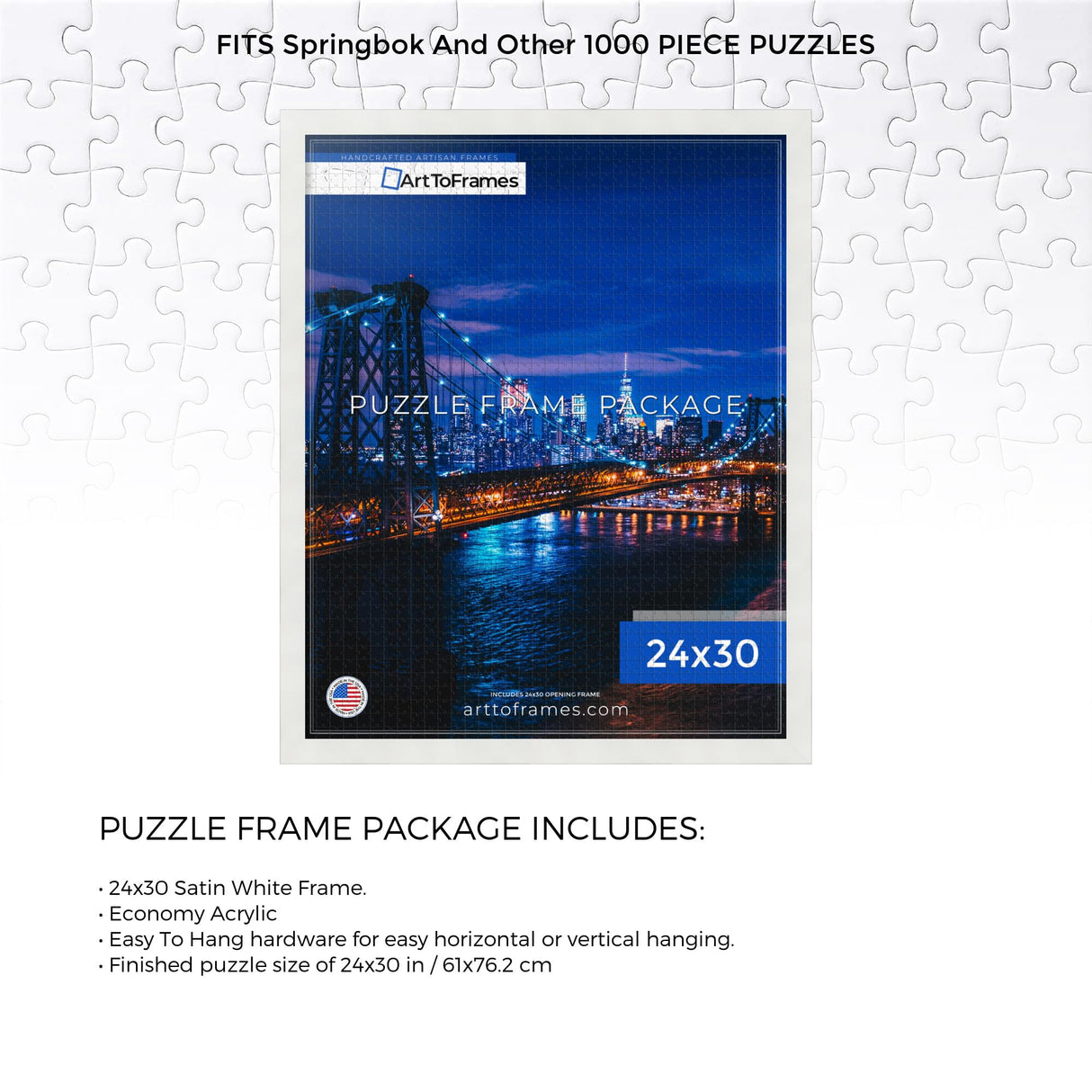 ArtToFrames 24x30 INCH/61x76.2 CM White Frame for 1000 piece Puzzles.This 1.25 Inch Custom MDF Puzzle Frame is White - Comes with Economy Acrylic (Puzzle5179-24x30) ArtToFrames