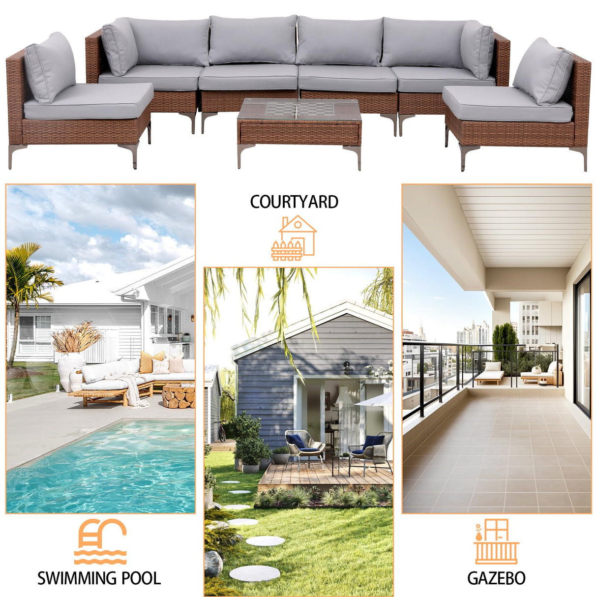 OPENAIRCOMFORT Outdoor Patio Furniture Sets, Patio Furniture Set 7 Pieces Conversation Sets, Outdoor Sectional Sofa, All-Weather PE Rattan Modular Sofa for Porch, Deck, Garden, Gray OPENAIRCOMFORT