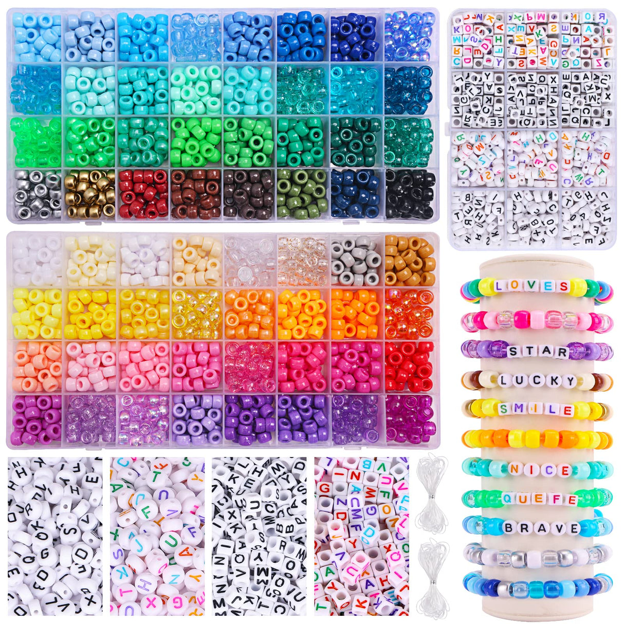 QUEFE 2350pcs, 64 Colors, Pony Beads for Bracelet Making Kit, Rainbow Kandi Beads Friendship Bracelet Kit, Letter Beads and Elastic Strings for Bracelet Necklace Making, Craft Gifts Set for Girls QUEFE