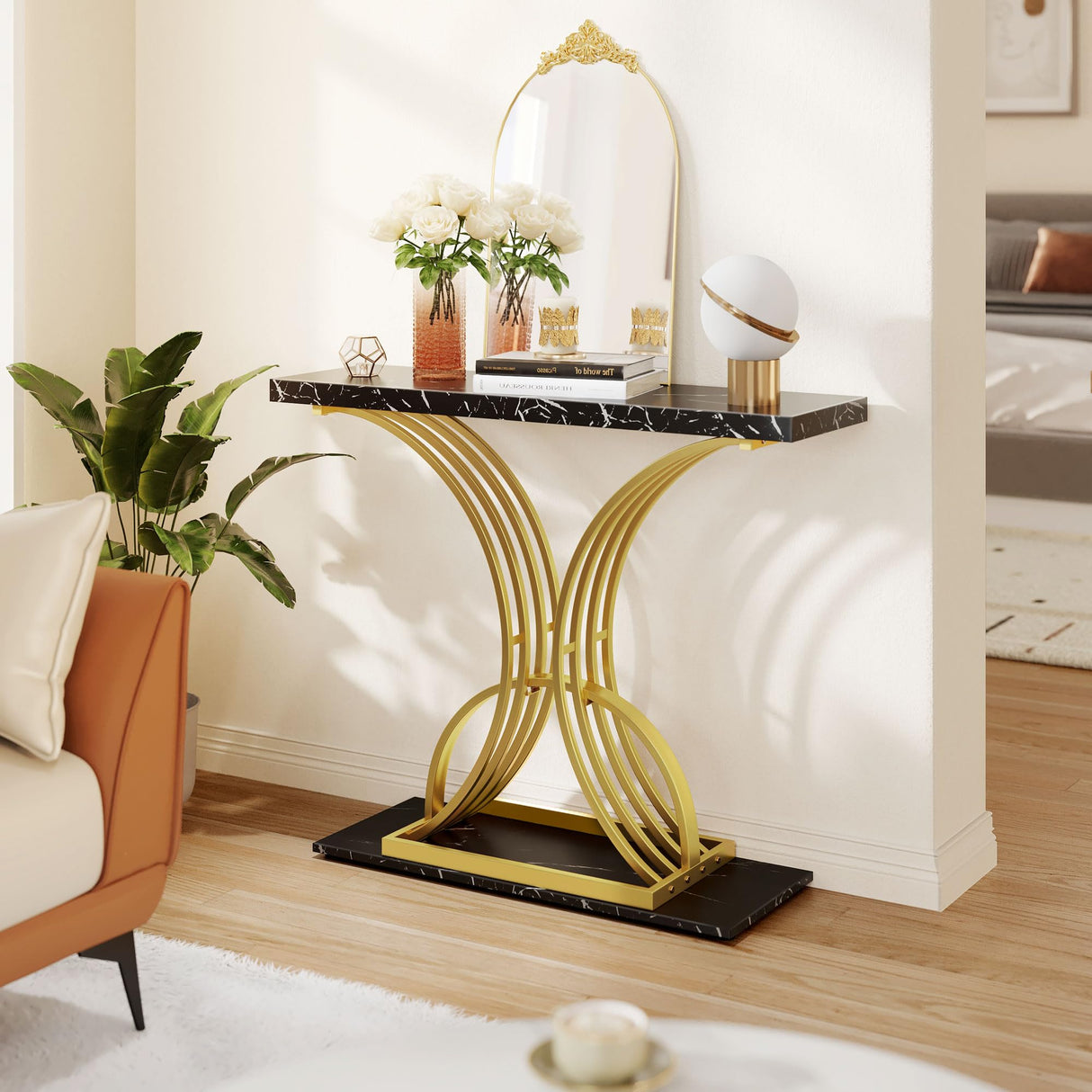 YITAHOME Gold Console Table, Modern Sofa Table for Living Room, Hallway, 40 inch Narrow Entryway Table, Faux Marble Black YITAHOME